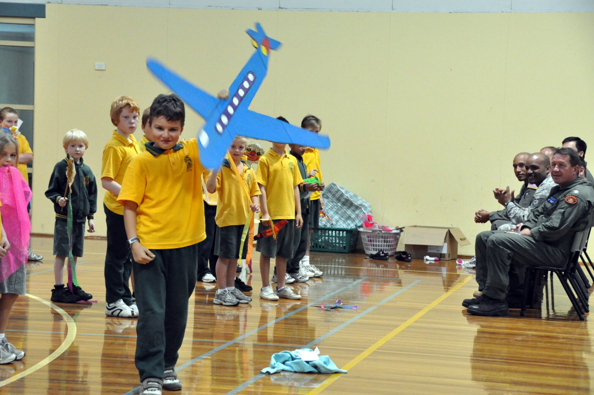 GEELONG, Victoria, Australia -- First-grade students of Lara Primary School perform for a group of U.S. Air Force and Navy servicemembers in the nearby town of Lara March 12. The group visited the school and talked to the curious Australian students ages 5 and 6, and 11 and 12 about thier lives in the U.S. Air Force. Various Air Force and Navy assets are representing the U.S. military here to support the 2009 Australian International Airshow held at Avalon Airport here. The show has been held every second year since 1989. (U.S.  Air Force photo/Tech Sgt. Cohen A. Young) 