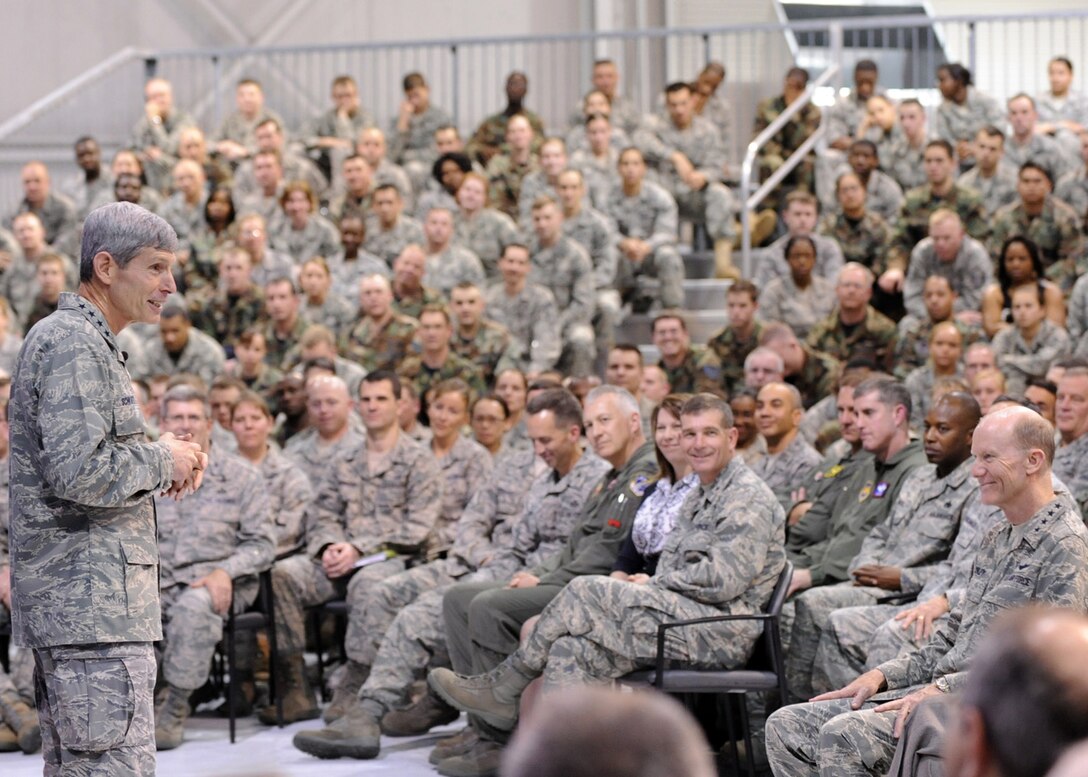 LANGLEY AIR FORCE BASE Va. -- Gen. Norton Schwartz, former Chief of Staff of the Air Force, addresses personnel during an Airmen’s Call here March 11. General Schwartz reviewed Langley’s war fighting capabilities and viewed an F-22A demonstration during his visit. (U.S. Air Force photo/Airman 1st Class Jonathan Koob)