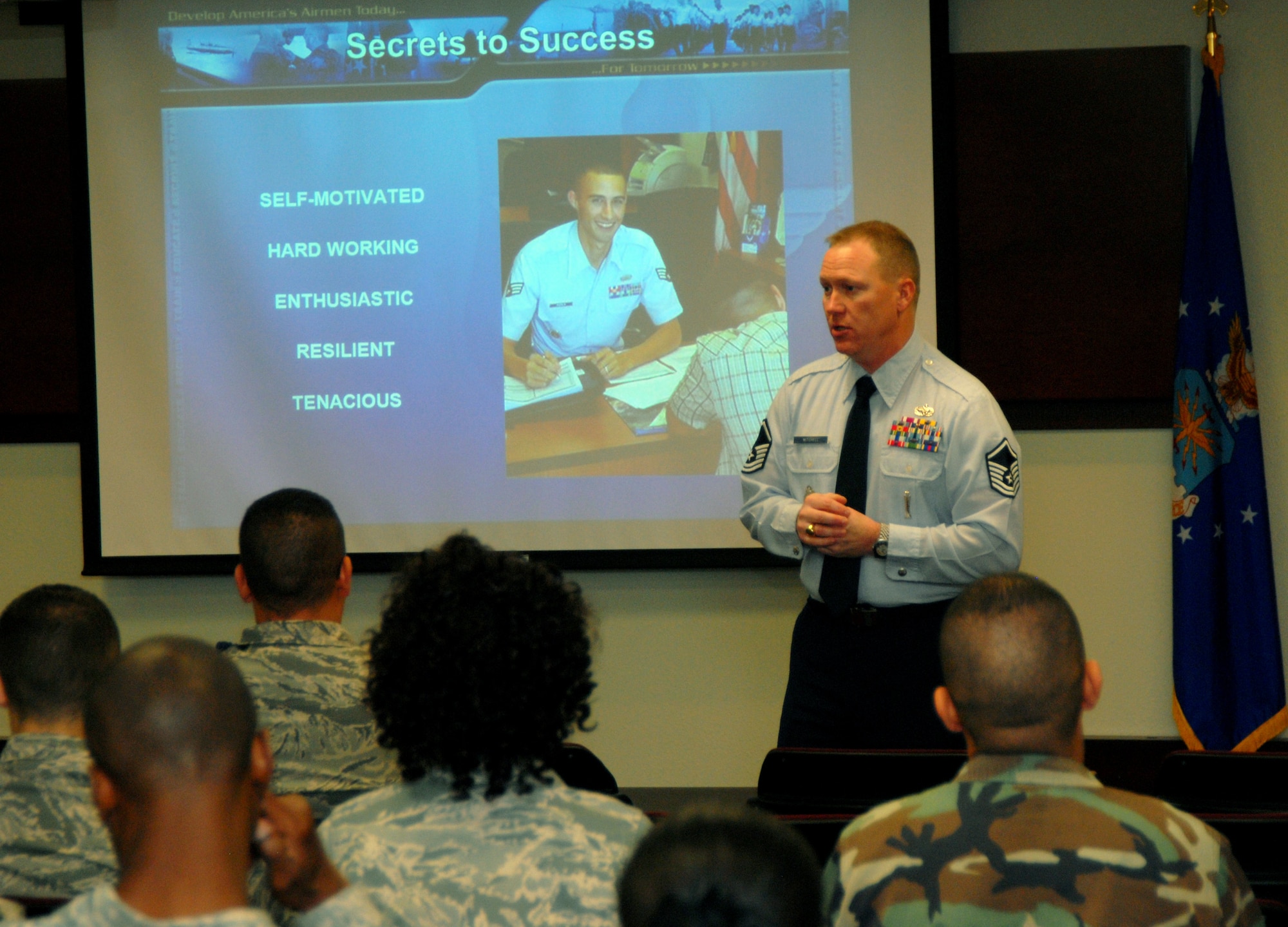 Master Sgt. Monty Mitchell explains the secrets to recruiting success during a special duty recruitment seminar March 10 at the Goodfellow Air Force Base Professional Development Center. Sergeant Mitchell explained the benefits and opportunities available for enlisted Airmen as a recruiter, military training instructor, military training leader, technical training instructor and professional military education instructor. (U.S. Air Force photo by Staff Sgt. Jon DuMond)