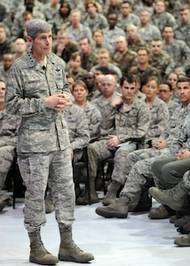 General Norton Schwartz addresses personnel during an Airmen's Call March 11 at Langley Air Force Base, Va. General Schwartz, the Air Force chief of staff, reviewed Langley AFB's warfighting capabilities, viewed an F-22 demonstration during his visit. (U.S. Air Force photo/Airman 1st Class Jonathan Koob) 

