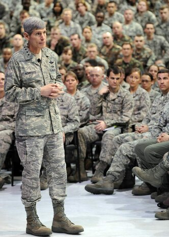 General Norton Schwartz addresses personnel during an Airmen's Call March 11 at Langley Air Force Base, Va. General Schwartz, the Air Force chief of staff, reviewed Langley AFB's warfighting capabilities, viewed an F-22 demonstration during his visit. (U.S. Air Force photo/Airman 1st Class Jonathan Koob) 