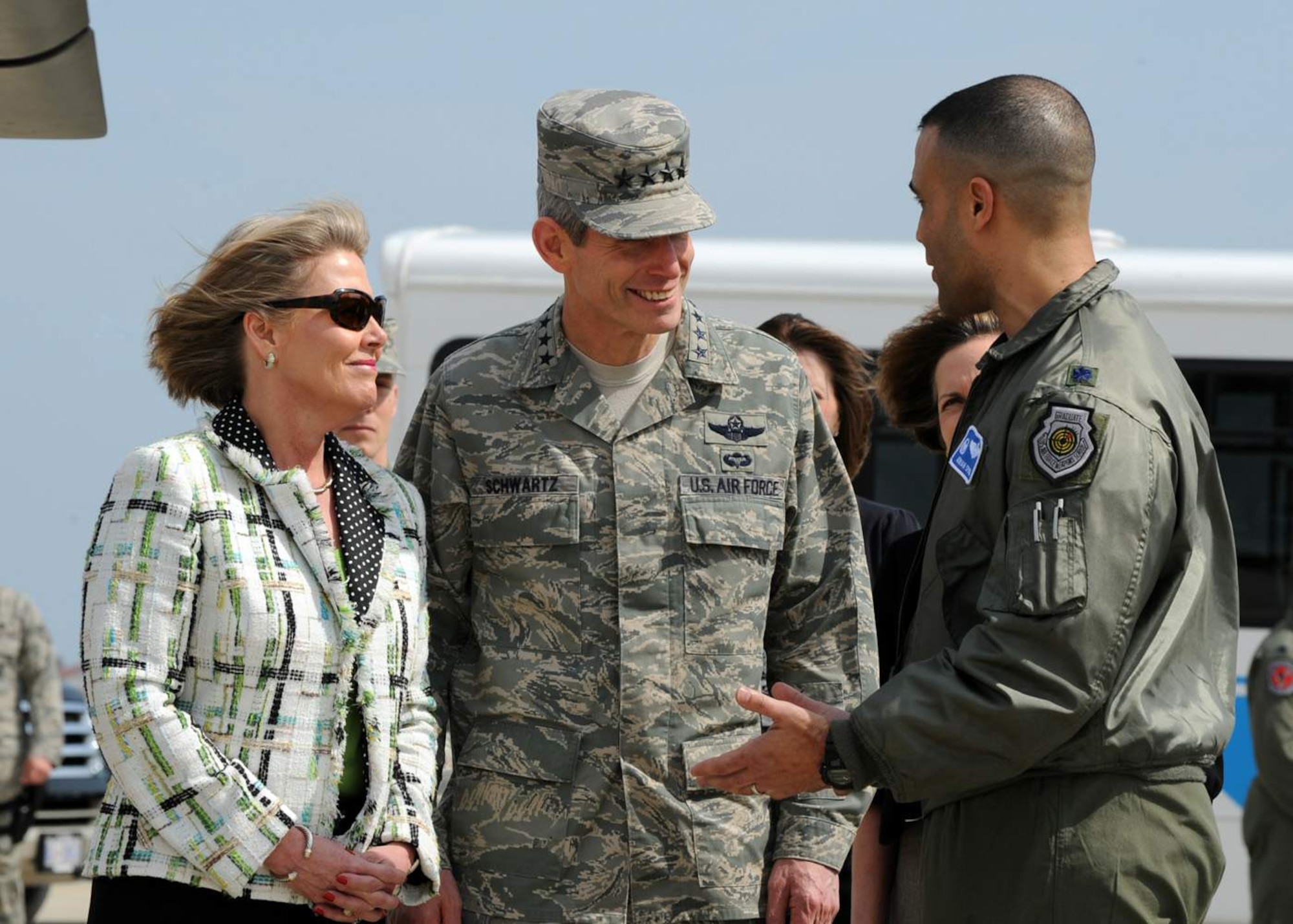 General Norton Schwartz and his wife, Suzie Schwartz, are briefed by Lt. Col. Adrian Spain on the capabilities of the F-22 Raptor March 11 at Langley Air Force Base, Va. General Schwartz, the Air Force chief of staff, reviewed Langley AFB's warfighting capabilities, viewed an F-22 demonstration, and held a town hall meeting with Airmen. Mrs. Schwartz visited the Airmen and Family Readiness Center. Colonel Spain is the 94th Fighter Squadron commander. (U.S. Air Force photo/Airman 1st Class Jonathan Koob) 
