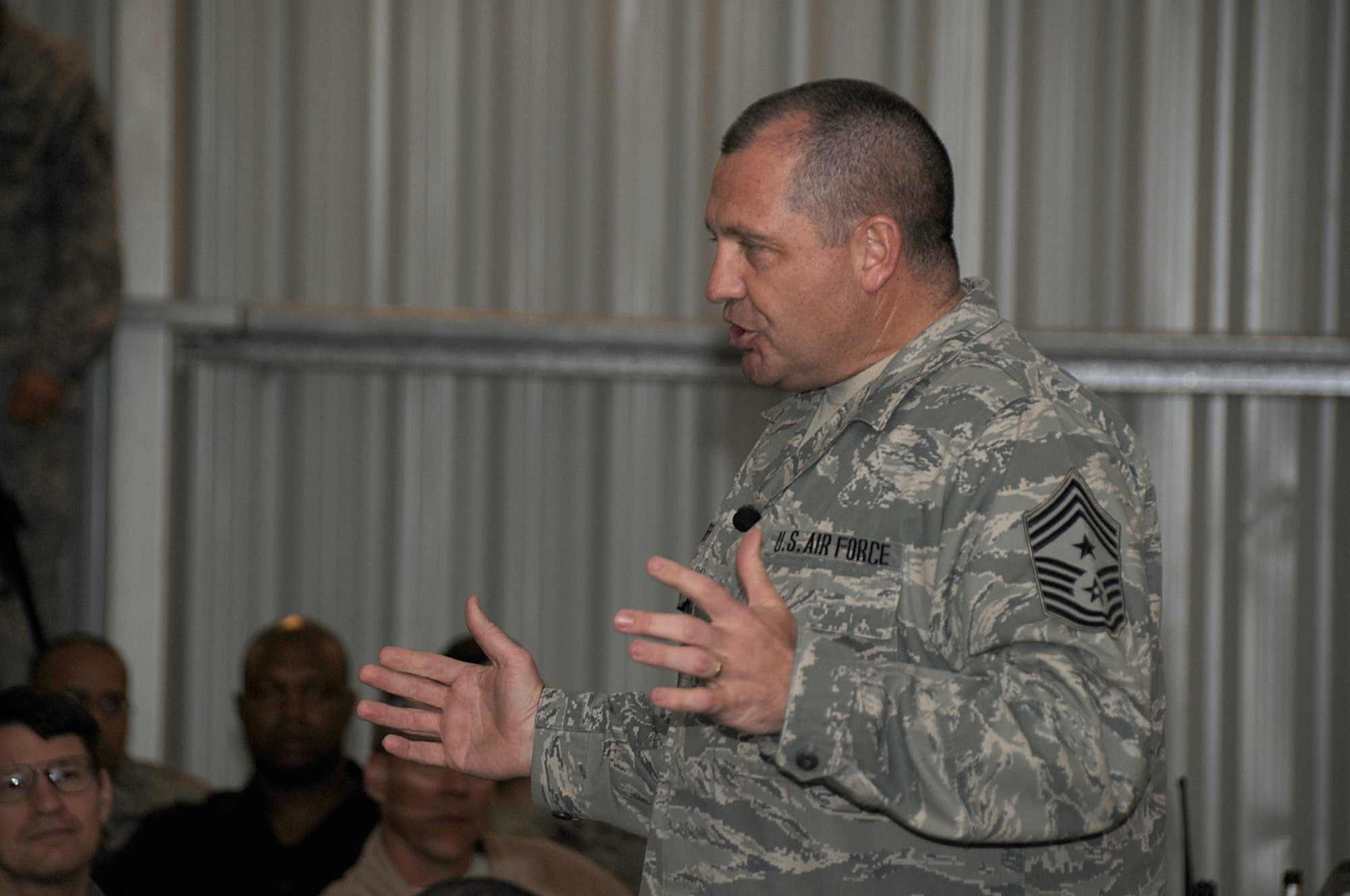 SOUTHWEST ASIA - Command Chief Master Sgt. Scott Dearduff, 9th Air Force command chief speaks at the Chief Master Sergeant Recognition Ceremony held at the 380th Air Expeditionary Wing, Mar 14. Four Senior Master Sergeant's were recognized for making it to the ranks of Chief Master Sgt. (U.S. Air Force photo by Senior Airman Brian J. Ellis) (Released)