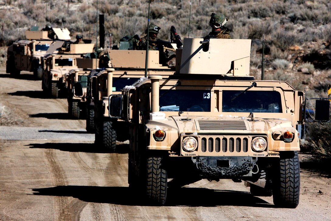 U.S. Marines and sailors conduct a 35-mile convoy training exercise from Bridgeport, Calif., to Hawthorne Army Ammunition Depot in Hawthorne, Nev., March 7, 2009. The Marines and sailors are assigned to Weapons Company, 3rd Battalion, 4th Marine Regiment.