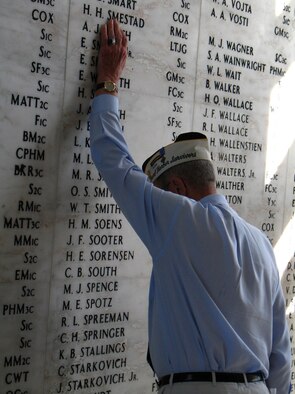 Henry Heim, Hickam Airfield attack survivor, visits the USS Arizona Memorial, March 12, as part of a journey to say 'hello' and 'goodbye' to old friends. (U.S. Air Force photo/Chris Aguinaldo) 
