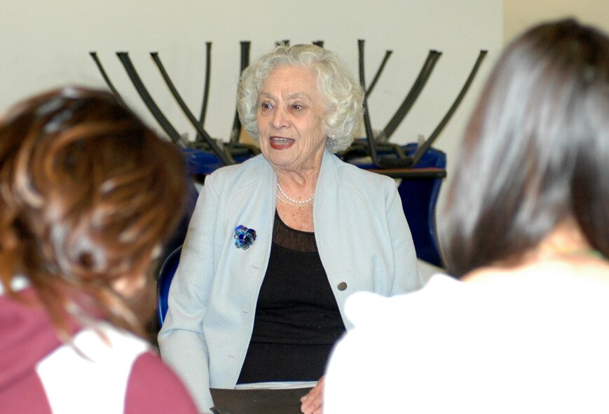 Klara Swimmer, an 84-year-old Holocaust survivor, tells her story to a group of Tucson area high school students during the 162nd Fighter Wing’s Holocaust Rememberance event here, March 17. (Air National Guard Photo by Staff Sgt. Jordan Jones)