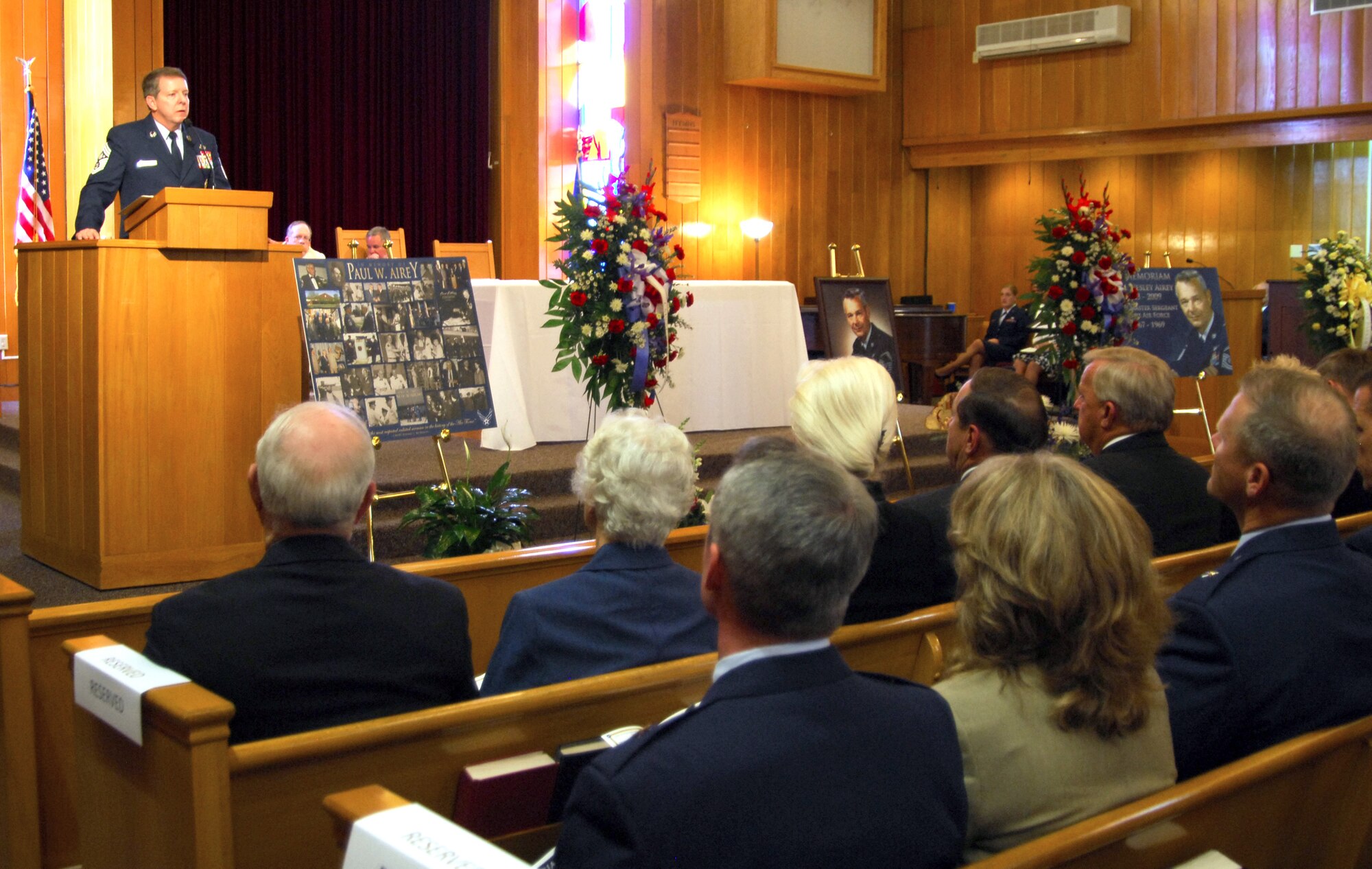 Chief Master Sgt. of the Air Force Rodney McKinley addresses those in attendance for the memorial service of the first Chief Master Sgt. of the Air Force, Paul W. Airey, at Tyndall Air Force Base, Fla., March 16. Chief McKinley spoke of Chief Airey's legacy and how that legacy affects the decisions he makes for today's Air Force. "Chief Airey is the most respected Airman in the history of the Air Force," he said. (U.S. Air Force photo/Lisa Norman) 
