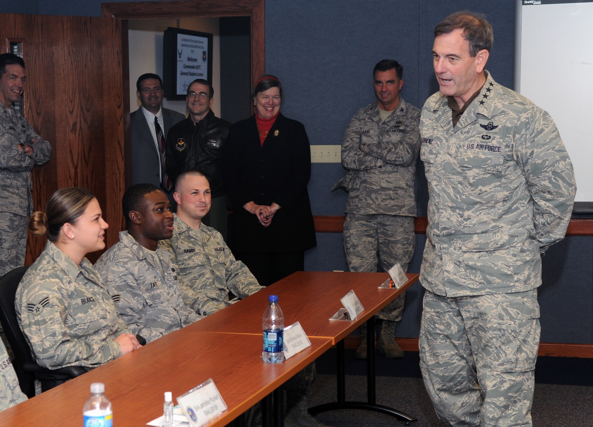 Gen. Stephen Lorenz, Air Education and Training Command commander, speaks with senior airmen going through the Gaylor Airman Leadership School here. General Lorenz visited the wing March 12-13 to learn about the mission and people who both work for and support the needs of the major command. (U.S. Air Force photo by Joel Martinez)