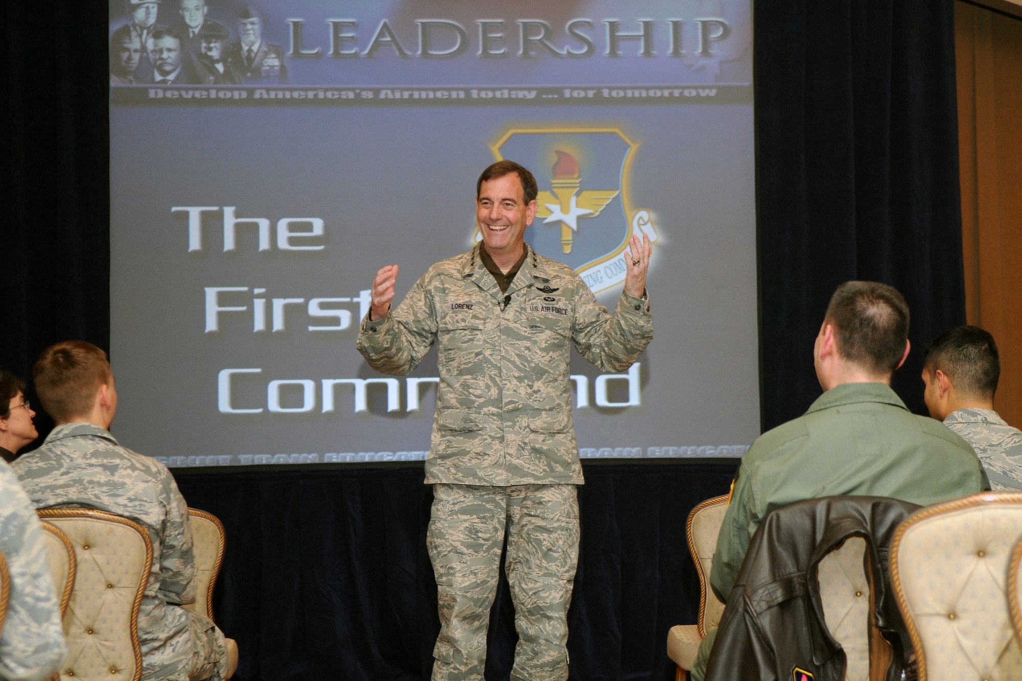 Gen. Stephen Lorenz, Air Education and Training Command commander, briefs 12th Flying Training Wing members during a visit to the wing last week. General Lorenz visited the wing March 12-13 to learn about the mission, discuss issues facing the 12th FTW and meet people who both work for and support the needs of the major command. (U.S. Air Force photo by Joel Martinez)
