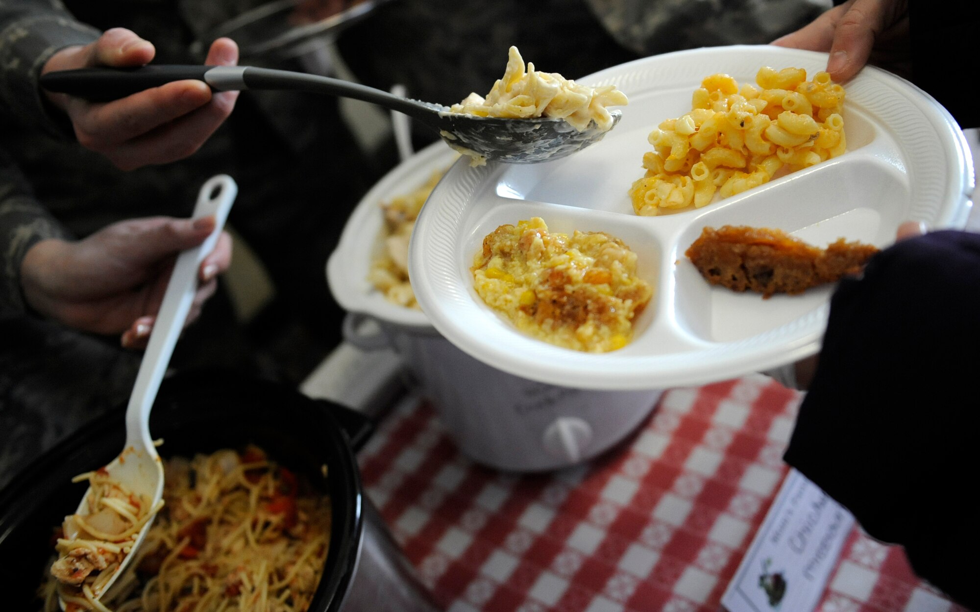 MOUNTAIN HOME AIR FORCE BASE, Idaho -- Tech. Sgt. Mark Kenyon, 366th Fighter Wing Public Affairs Office, serves his homemade chicken alfredo during Woman's History Month taste fest March 6 at the Community Center. The women's heritage committee hosted the fest in honor of the annual heritage observance. (U.S. Air Force photo/ Senior Airman Stephany Miller)