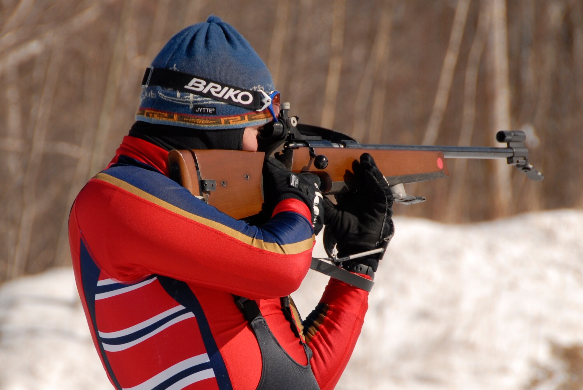 Lt. Col. Eric Chandler, 148th Fighter Wing MN National Guard, fires on a target during the 2009 Chief National Guard Bureau Biathlon Championships at Ethan Allen Firing Range in Jericho, Vt., from March 1-7, 2009.  Chandler was awarded a silver medal for 2nd place among the 18 Novice competitors in the field of 60 biathletes.  (US Air Force Photo by MSgt Greg Wohlfeil, MN National Guard.)