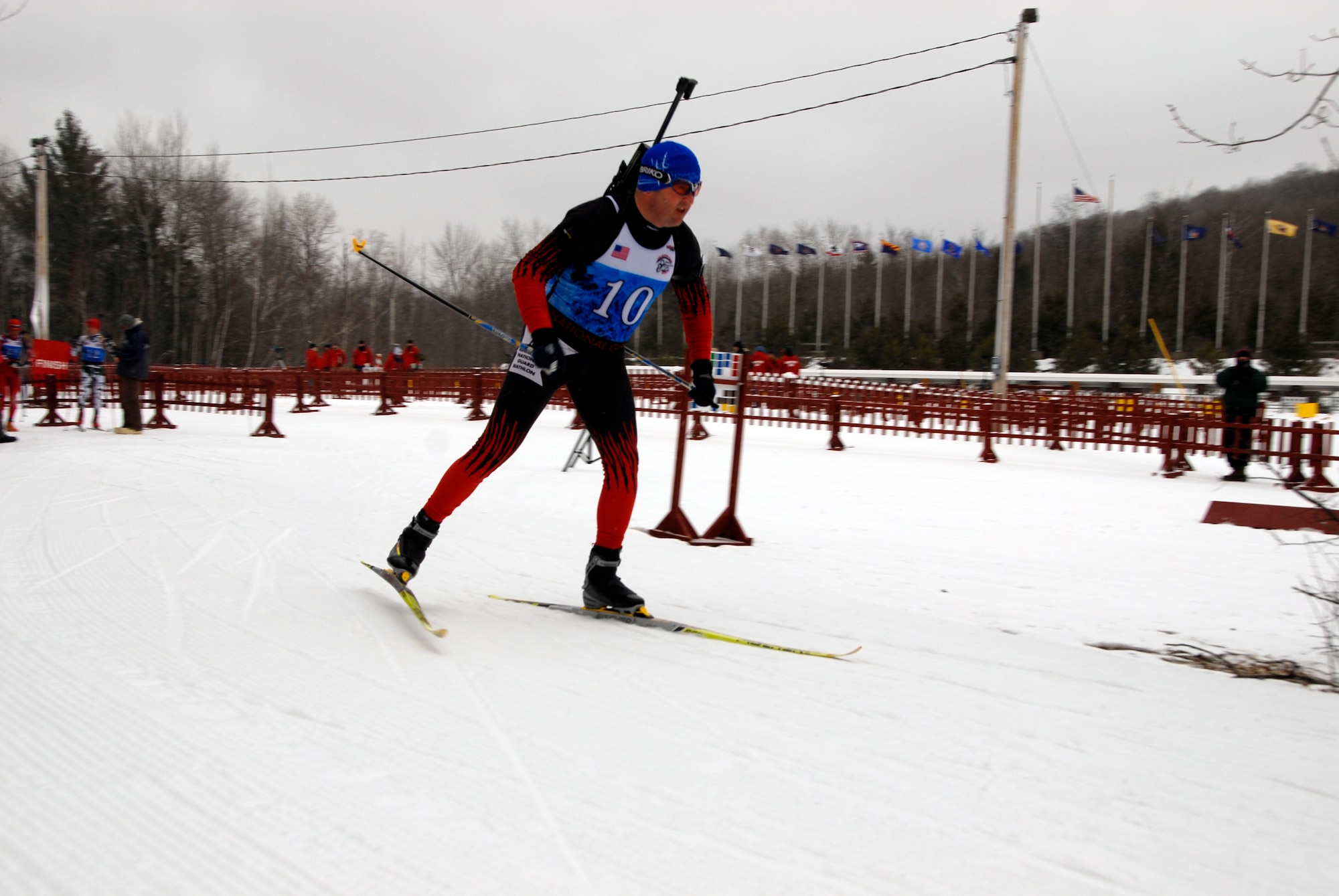 Lt. Col. Eric Chandler, 148th Fighter Wing MN National Guard, begins the 10k Sprint competition during the 2009 Chief National Guard Bureau Biathlon Championships at Ethan Allen Firing Range in Jericho, Vt., from March 1-7, 2009.  Chandler was awarded a silver medal for 2nd place among the 18 Novice competitors in the field of 60 biathletes.  (US Air Force Photo by MSgt Greg Wohlfeil, MN National Guard.)