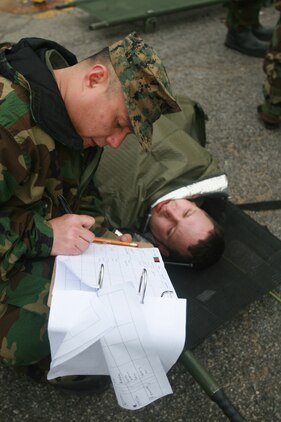 Navy Petty Officer 1st Class Anatalio Reyes (left), a hospital Corpsman assigned to Chemical Biological Incident Response Force, II Marine Expeditionary Force, documents information on Navy Petty Officer 3rd Class Brad Farber, simulated casualty, a hospital corpsman assigned to 2nd Medical Battalion, Camp Lejeune, N.C. CBIRF’s corpsmen are tasked with documenting where casualties go from the unit’s medical stabilization tent for possible follow-on medical care.