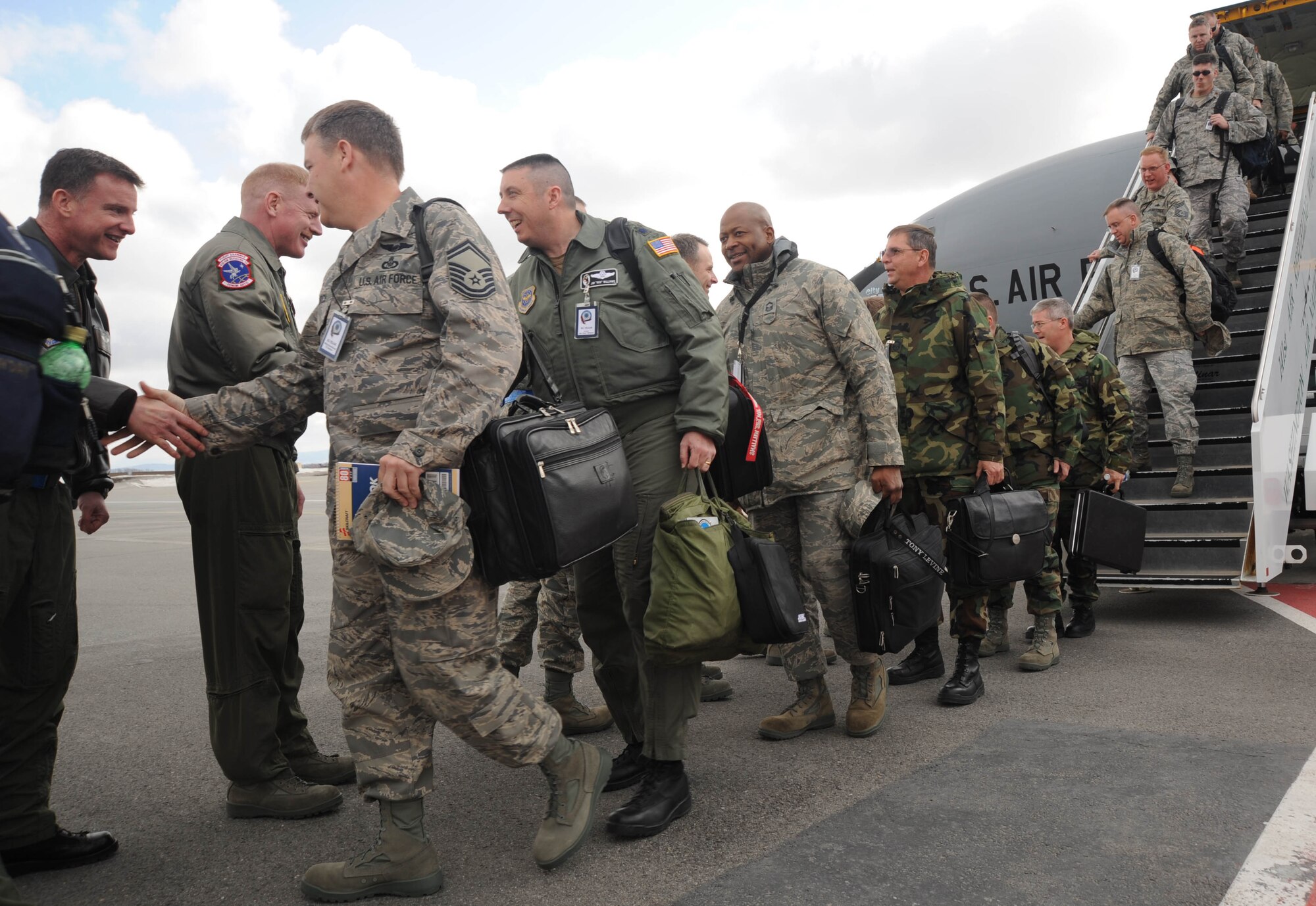 Fairchild leadership greats the Operational Readiness Inspection team March 18. (U.S. Air Force photo / Staff Sgt. JT May III)
