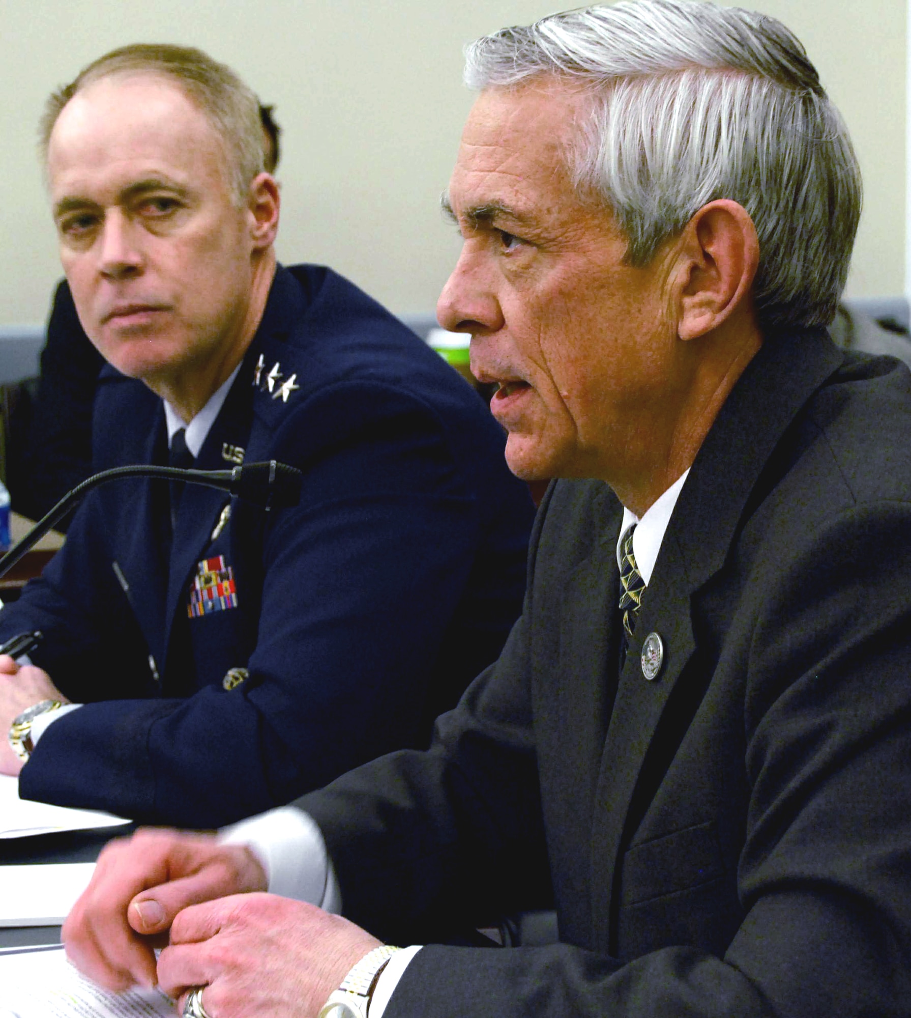 Craig Duehring, assistant Secretary of the Air Force, manpower and Reserve affairs, and Lt. Gen. Richard Y. Newton III, the Air Force deputy chief of staff for manpower, personnel and services, answer questions from members of House Appropriations Defense Subcommittee in Washington March 17. (U.S. Air Force photo/Tech. Sgt. Amaani Lyle)