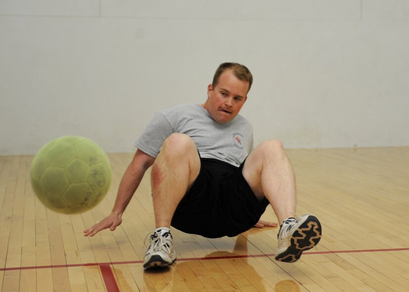 2nd Lt Andrew Leader, 846 Test Group, competes in the game Crab Soccer, a Biggest Loser event, Mar. 13, at the Fitness and Sports Center at Holloman Air Force Base, N.M. This is Holloman's second edition of the Biggest Loser which debuted July last year. (U.S. Air Force photo/Airman 1st Class Rachel Kocin)