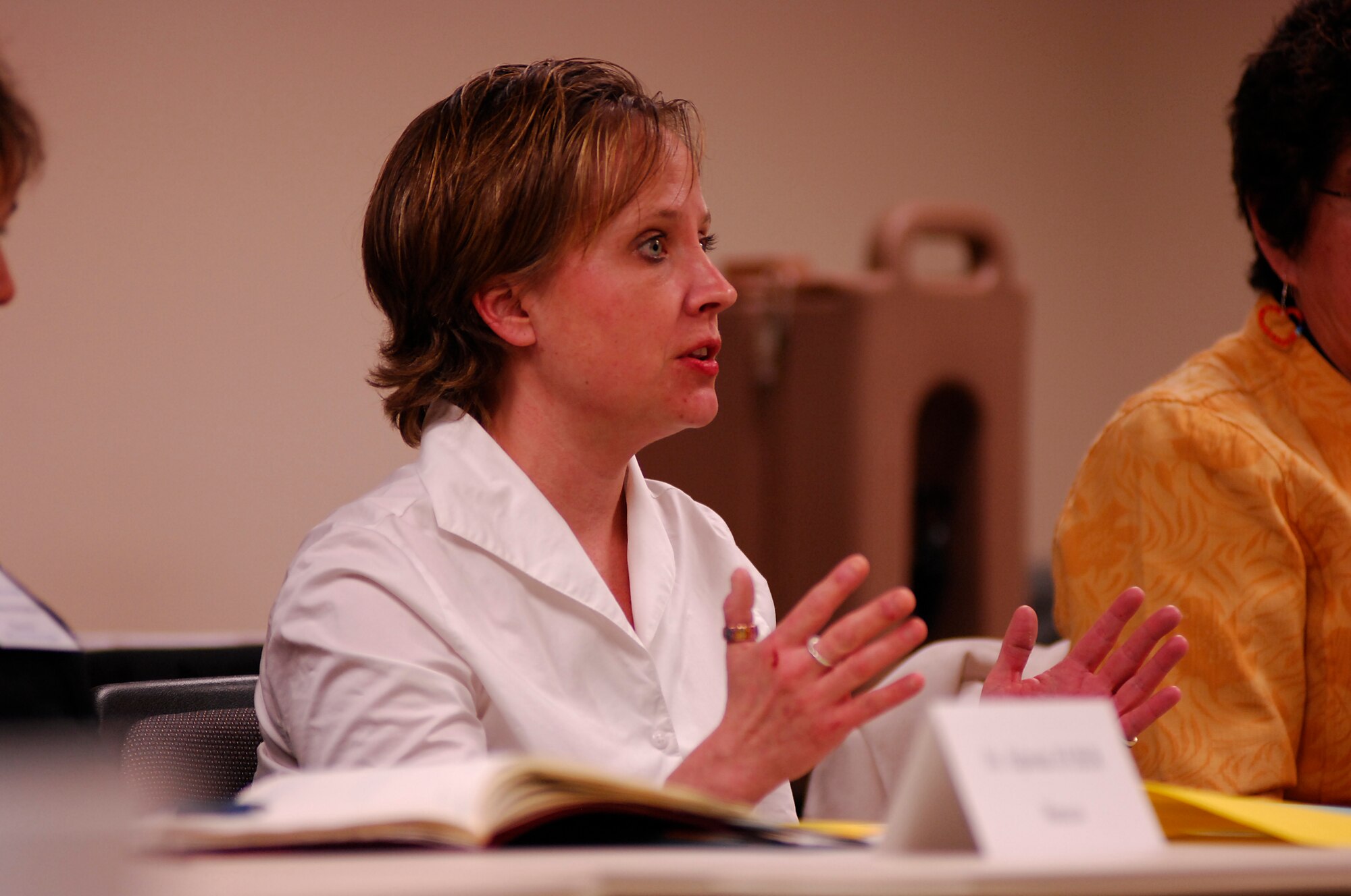 MINOT AIR FORCE BASE, N.D. -- Laurie Arellano, Minot AFB chief of public affairs, speaks speaks with a group of international women visitors during a discussion panel at the North Central Human Services conference room here March 13. The panel was part of the International Visitor Leadership Program of the U. S. State Dept. Bureau of Educational and Cultural Affairs, which coordinates local programs for international visitors from a variety of countries and areas of interest. (U.S. Air Force photo by Staff Sgt. Thomas Dow)