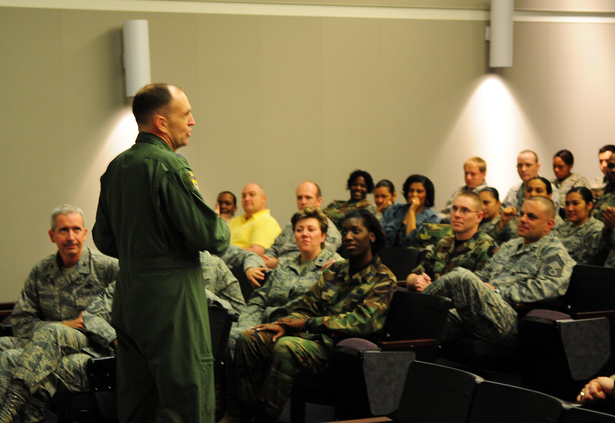 Maj. Gen. Ralph Jodice, Air Force District of Washington Commander, speaks with Bolling Airmen at the Stewart Theater March 17. General Jodice presented 19 AFDW-level A1 awards to 11th Wing winners. (U.S. Air Force photo by Senior Airman Alexandre Montes)