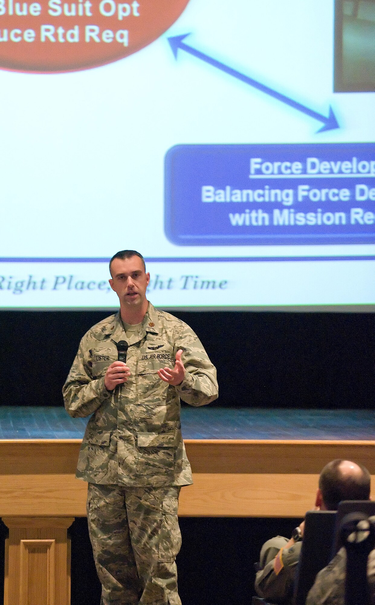 Maj. Zach Lister, Air Force Personnel Center chief of strategic airlift assignments, speaks to Team Dover about assignment during the Spread the Word campaign.  The Spread the Word briefing provided information on personnel issues and delivery transformation, as well as allowed direct, face-to-face contact with AFPC personnel to address concerns and provide feedback.   (U.S. Air Force Photo/Jason Minto)
