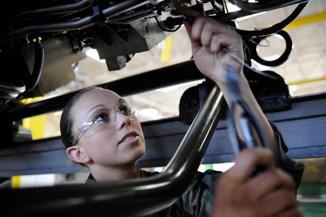Senior Airman Angelique Hasz, 28th Maintenance Squadron aerospace propulsion journeyman, connects safety wire to fuel, brake and oil lines underneath a B-1B Lancer's General Electric F101 turbofan engine here, March 17. Airman Hasz is one of three women working in the propulsion backshop. Since 1987, the month of March has been recognized as Women's History Month and highlights women of the past and future. (U.S. Air Force photo by Airman 1st Class Corey Hook)