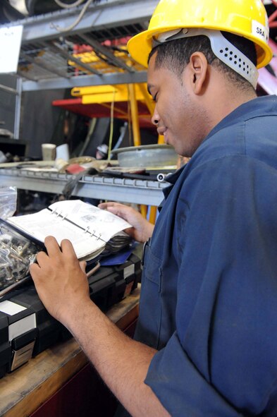 DYESS AIR FORCE BASE, TX-- Airman 1st Class Micheal Dedmon reviews a technical order for C-130 aircraft maintenance here March 17. Technical Orders direct maintainers in routine maintenance for the aircraft they repair. (U.S. Air Force photo by Senior Airman Domonique Simmons) 