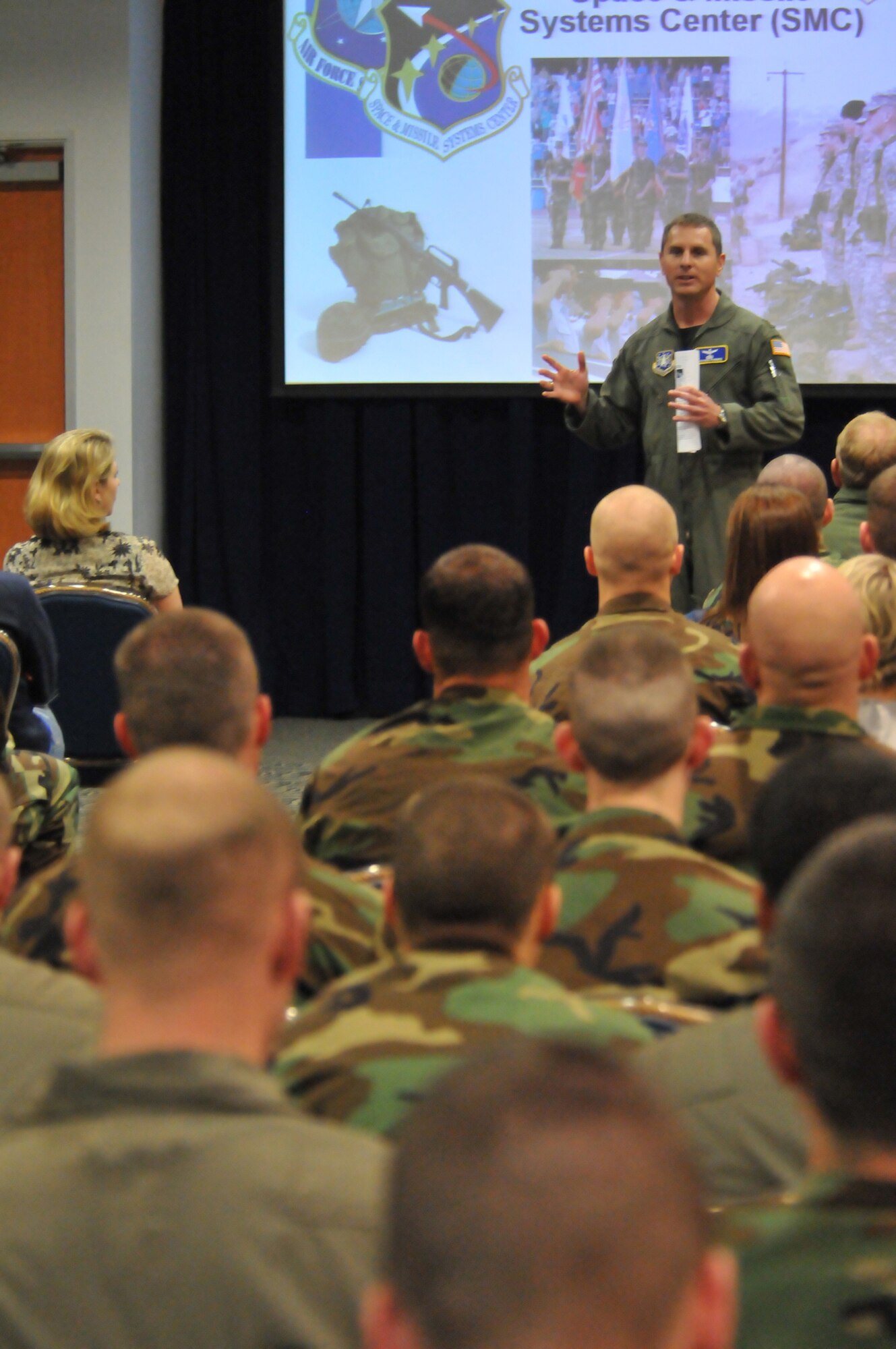 Major Rouven Forbes briefs members of the AFROTC detachment from Brigham Young University during their visit to Los Angeles AFB, March 6.  The students were in town to compete in the 2009 Southern California Invitation Drill Competition at Angels Stadium, March 7. (Photo by Atiba S. Copeland)