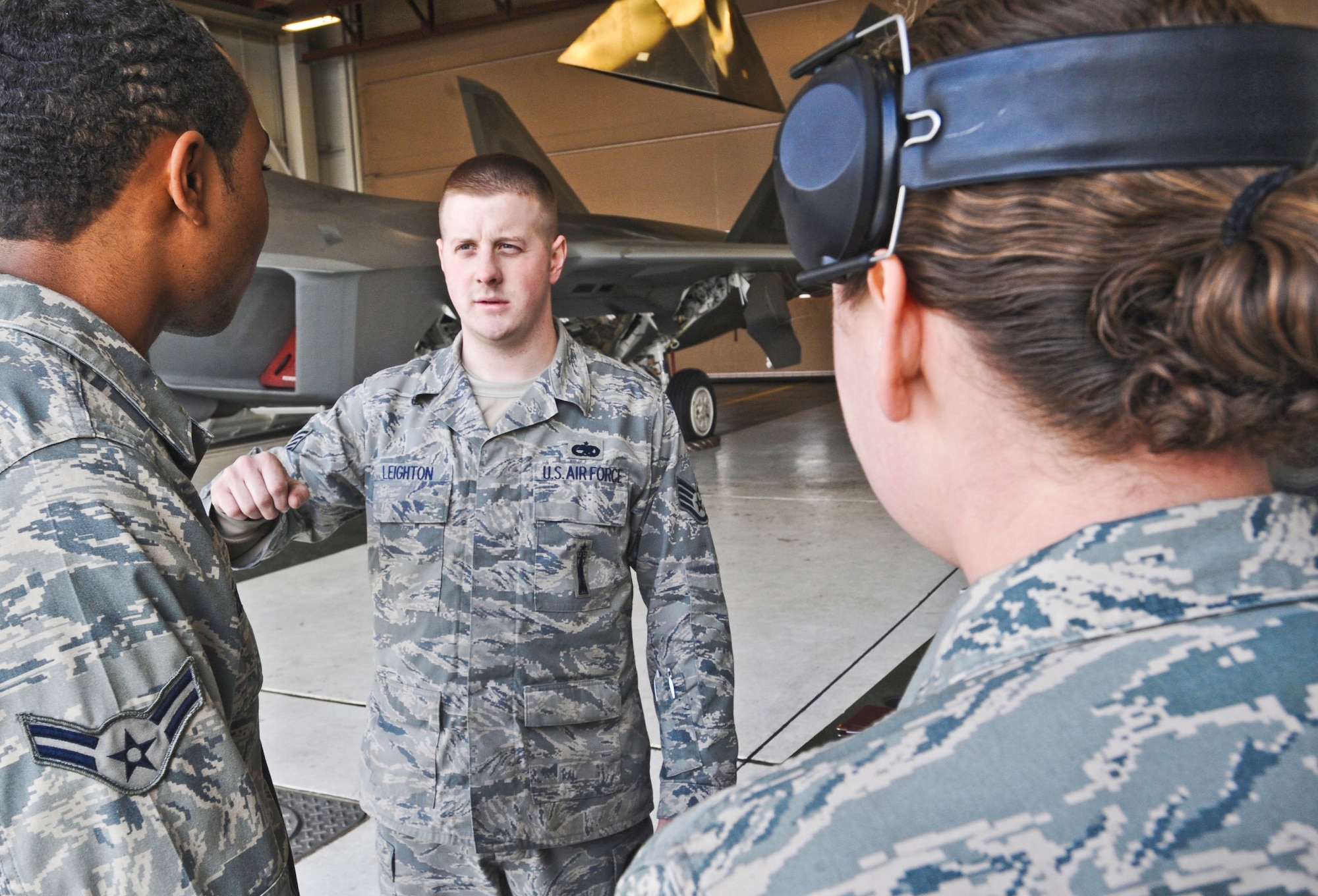 ELMENDORF AIR FORCE BASE, Alaska -- Staff Sgt. Jason Leighton, 90th Aircraft Maintenance Unit, dicusses procedures with his crew during a load crew inspection March 11, 2009. Leighton is a 2009 Lt. Gen. Leo Marquez Award winner in the Munitions/Missile Technician Supervisor Category. The Marquez Award is one of the hightest honors for a maintainer at Air Force level. (U.S. Air Force photo/ Senior Airman Matthew Owens)