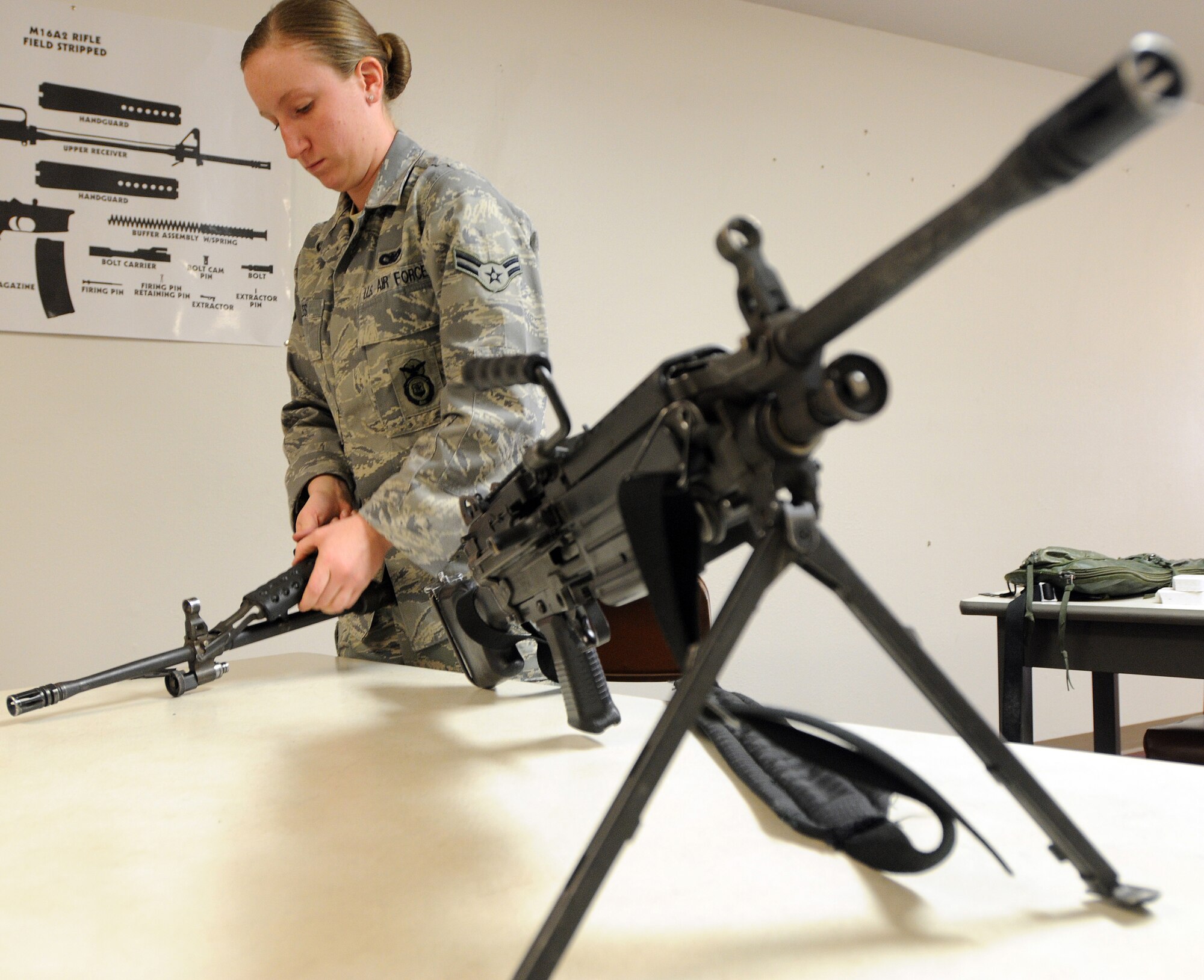 Airman 1st Class Danna Miles, 354th Security Forces Squadron, reapplies the heat shield to an M249 automatic rifle during a qualification course March 13, 2009, Eielson Air Force Base, Alaska. To qualify Airmen must be able to completely disassemble and reassemble the weapon while under time constraints. (U.S. Air Force photo/Airman 1st Class Willard E. Grande II)