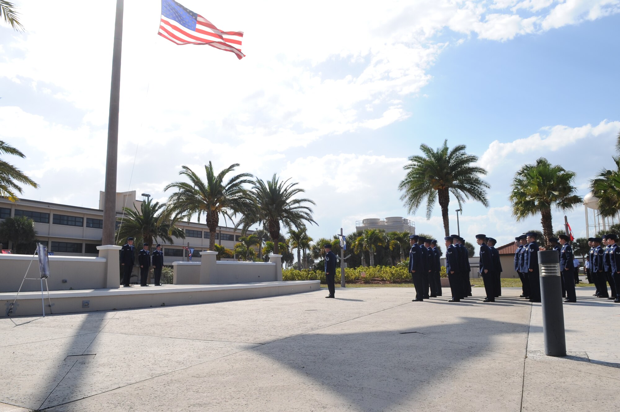 Members of the 45th Space Wing pay their respects Monday at a memorial ceremony for former Chief Master Sgt. of the Air Force Paul Airey, who passed away March 11. Chief Airey was the first Chief Master Sergeant of the Air Force, selected in 1966 from 26 finalists out of 6,000 chiefs then serving. (U.S. Air Force photo/John Connell)