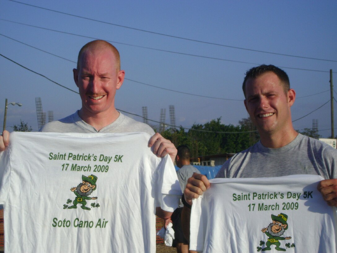 SEYMOUR JOHNSON AIR FORCE BASE, N.C. -- Tech. Sgt. Charles Alford (left), a Reservist with the 916th Communication Squadron, participated in a 5K run on St. Patrick's Day while stationed at Soto Cano Air Base, Honduras.  Alford ran the race in 26:09. 