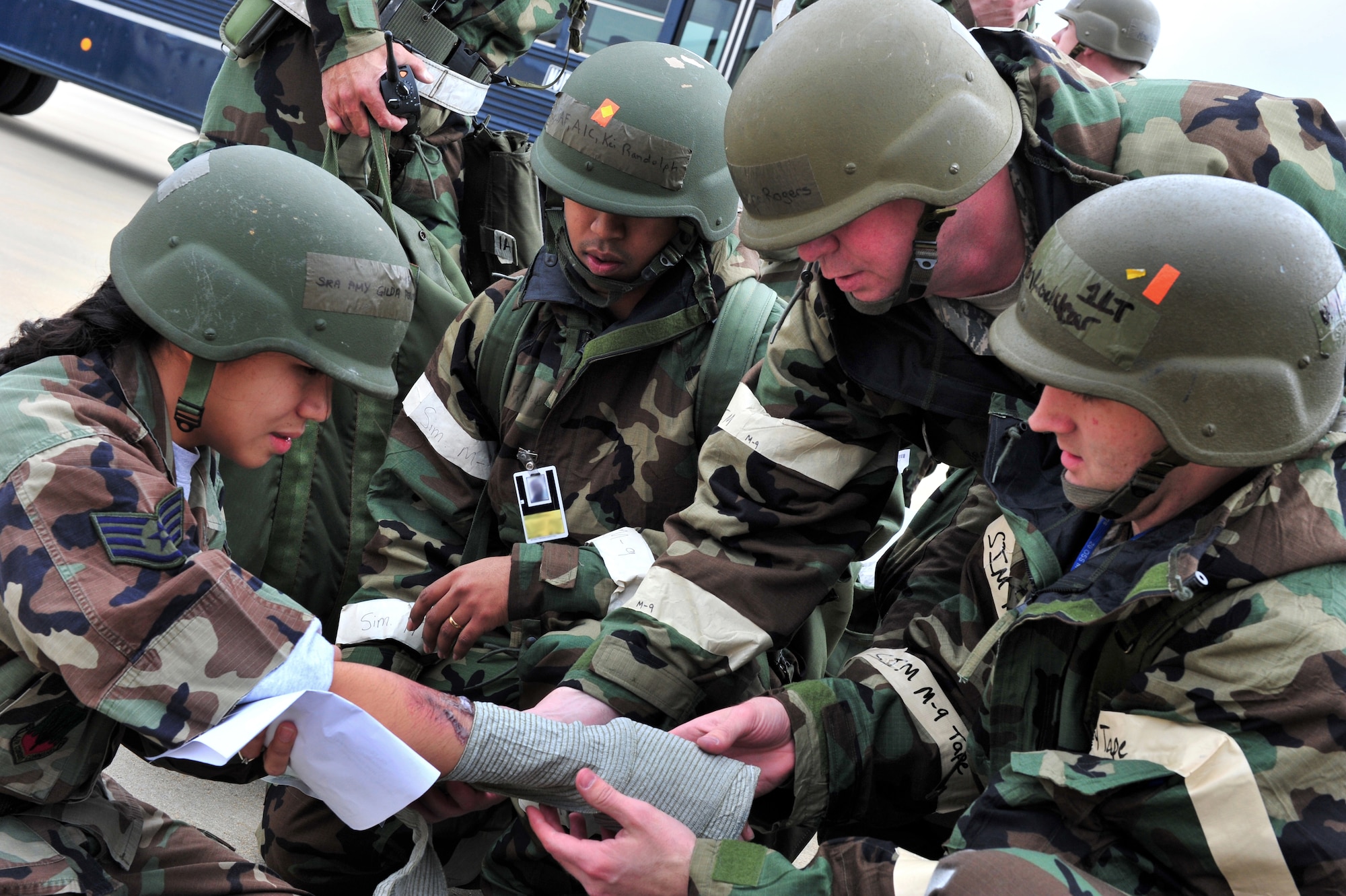 SHAW AIR FORCE BASE, S.C.- Senior Airman Amy Personious, 20th Medical Operations Squadron, plays the role of a burn victim injured in a simulated building fire during an operational readiness exercise, March 17, 2009. Other Airmen, who evacuated the building, quickly provided first-aid to Airman Personious. This ORE is crucial to Shaw's preparation for an upcoming operational readiness inspection in June. (U.S. Air Force Photo by Senior Airman William Coleman)