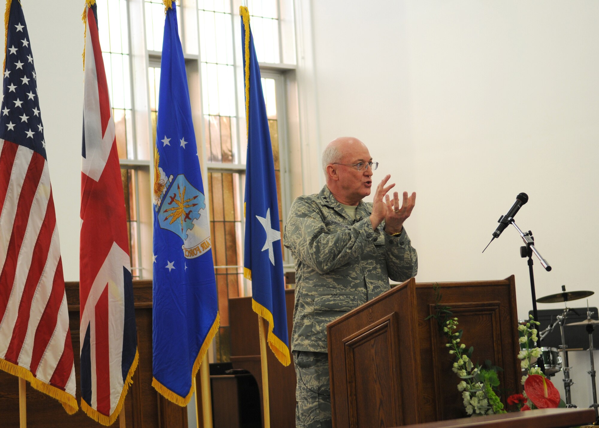 Chaplain (Maj. Gen.) Cecil R. Richardson, the Air Force Chief of Chaplains stationed at Headquarters U.S. Air Force, Washington, D.C., speaks to church members with a message of “Where’s God?” at the Mildenhall Chapel during the National Prayer Luncheon March 12, 2009, at RAF Mildenhall, England. Chaplain Richardson advises on matters pertaining to religious and moral welfare and establishing chaplain programs to meet religious needs to all Air Force personnel. (U.S. Air Force photo by Staff Sgt. Jerry Fleshman)