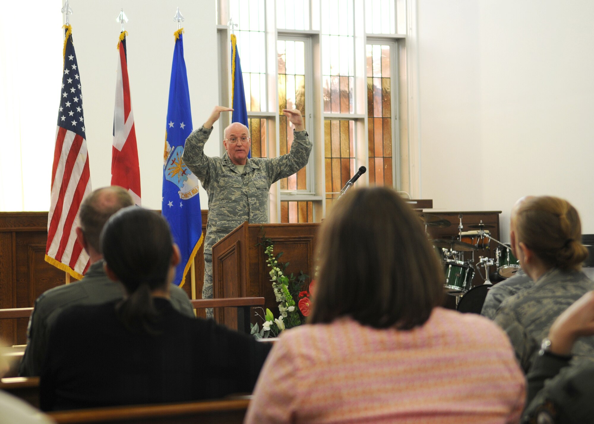 Chaplain (Maj. Gen.) Cecil R. Richardson, the Air Force Chief of Chaplains stationed at Headquarters U.S. Air Force, Washington, D.C., speaks to church members with a message of “Where’s God?” at the Mildenhall Chapel during the National Prayer Luncheon March 12, 2009, at RAF Mildenhall, England. Chaplain Richardson advises on matters pertaining to religious and moral welfare and establishing chaplain programs to meet religious needs to all Air Force personnel. (U.S. Air Force photo by Staff Sgt. Jerry Fleshman)