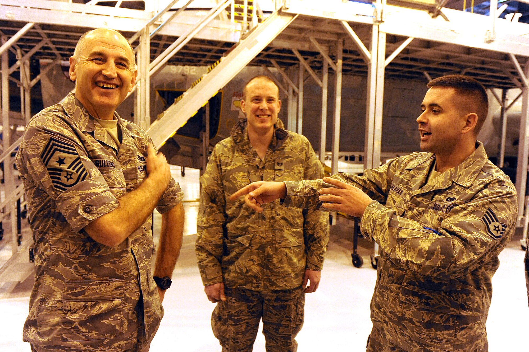 OFFUTT AIR FORCE BASE, Neb.-- ACC Command Chief Master Sgt. Stephen C. Sullens asks Staff Sgt. Brad Calahan, 55th Maintenance Squadron, to give an example of how to deal with a tardy Airman (Airman simulated by the Chief) inside of Dock Three of the Bennie Davis Maintenance Facility, Mar 19. The chief toured various facilities as part of a two day day visit to get better acquainted with both the mission and Airmen of the "Fighting Fifty-Fifth."
U.S. Air Force Photo by Josh Plueger
