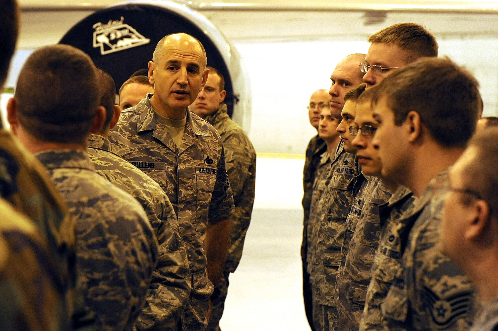 OFFUTT AIR FORCE BASE, Neb.-- ACC Command Chief Master Sgt. Stephen C. Sullens speaks to the men and women of the 55th Maintenance Group inside of Dock Three of the Bennie Davis Maintenance Facility, Mar 19.  The chief toured various facilities as part of a two day base visit to get better acquainted with both the mission and Airmen of the "Fighting Fifty-Fifth."
U.S. Air Force Photo by Josh Plueger
