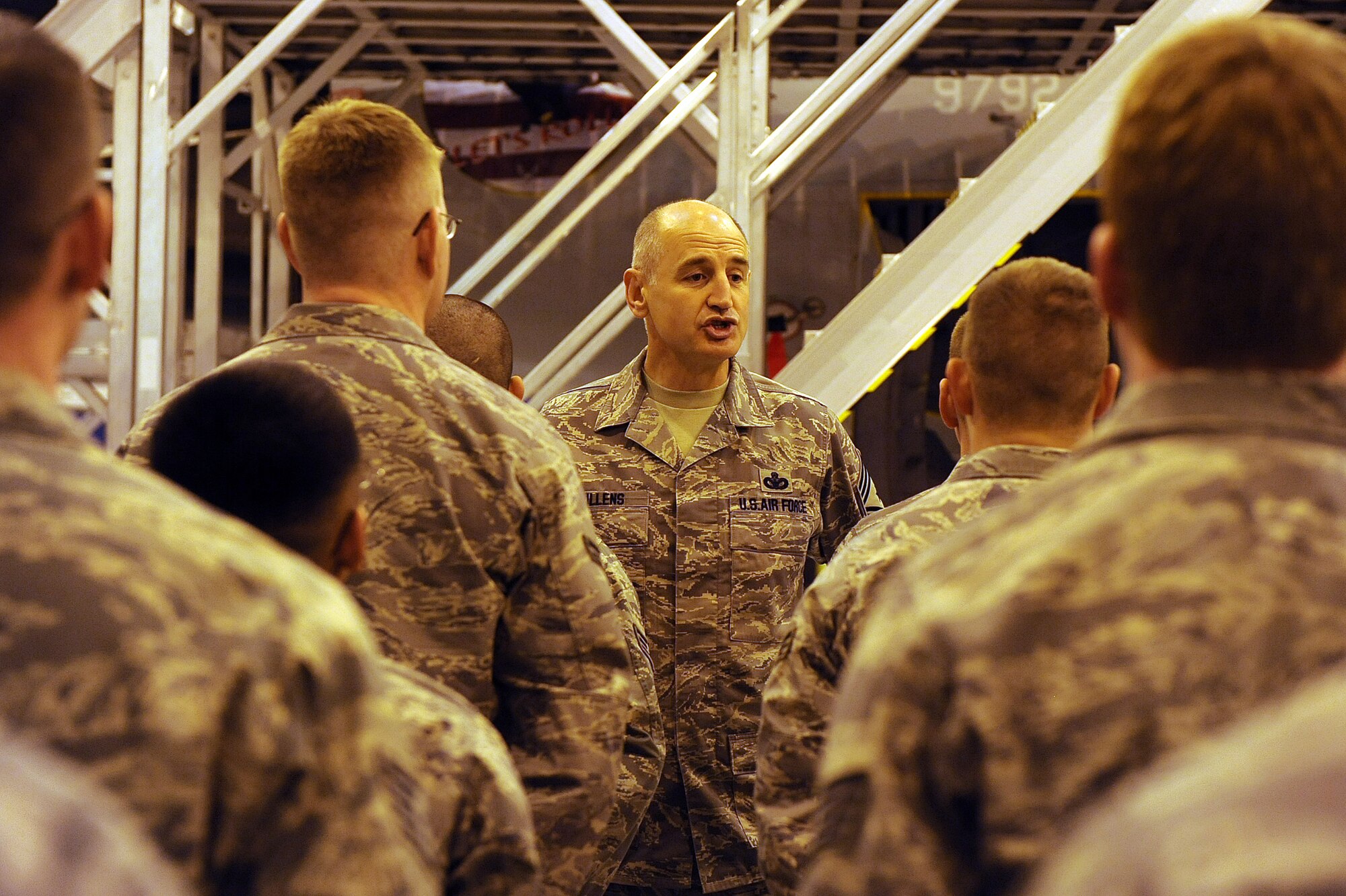 OFFUTT AIR FORCE BASE, Neb.-- ACC Command Chief Master Sgt. Stephen C. Sullens speaks to the men and women of the 55th Maintenance Group inside of Dock Three of the Bennie Davis Maintenance Facility, Mar 19.  The Chief toured various facilities getting better acquainted with both the mission and Airmen of the "Fighting Fifty-Fifth."
U.S. Air Force Photo by Josh Plueger

