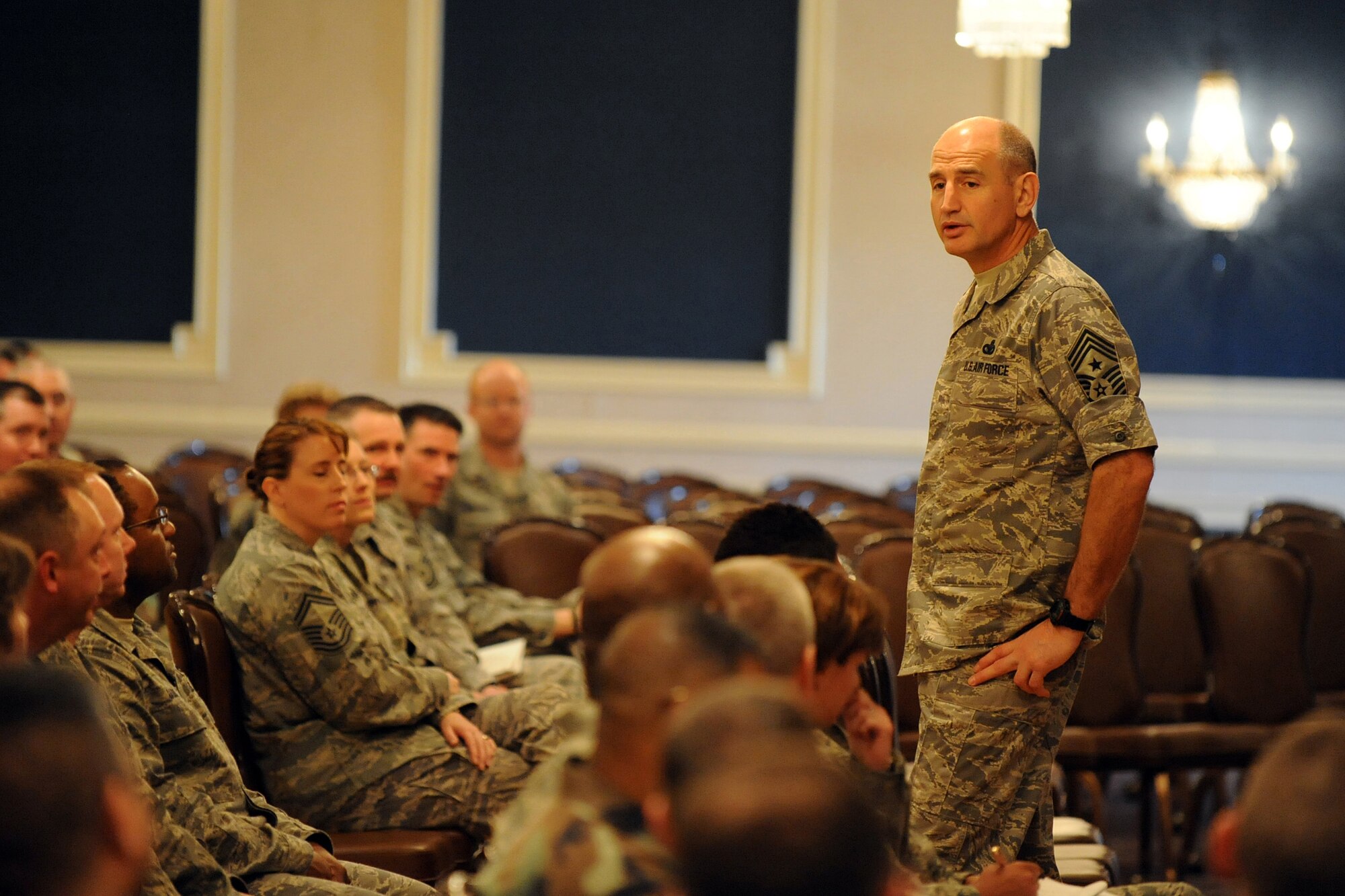 OFFUTT AIR FORCE BASE, Neb.-- ACC Command Chief Master Sgt. Stephen C. Sullens speaks to senior non-commissioned officers in the Offutt Patriot Club, Mar 19. The chief toured various facilities during a two day tour to get better acquainted with both the mission and Airmen of the "Fighting Fifty-Fifth."
U.S. Air Force Photo by Josh Plueger

