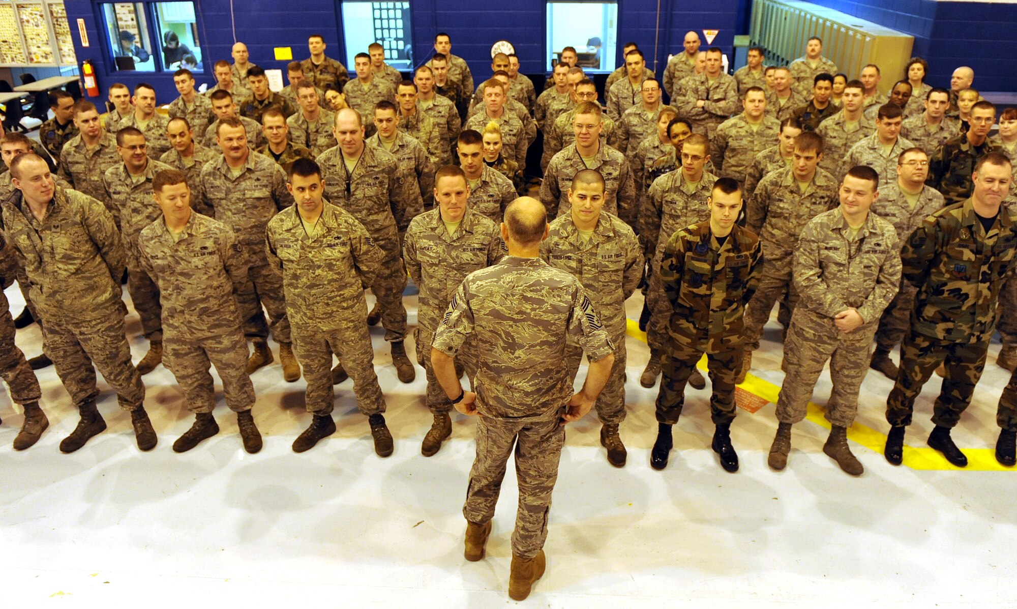 OFFUTT AIR FORCE BASE, Neb.-- ACC Command Chief Master Sgt. Stephen C. Sullens speaks to the men and women of the 55th Maintenance Group inside of Dock Three of the Bennie Davis Maintenance Facility, Mar 19. The chief toured various facilities as part of a two day base visit to get better acquainted with both the mission and Airmen of the "Fighting Fifty-Fifth."
U.S. Air Force Photo by Josh Plueger
