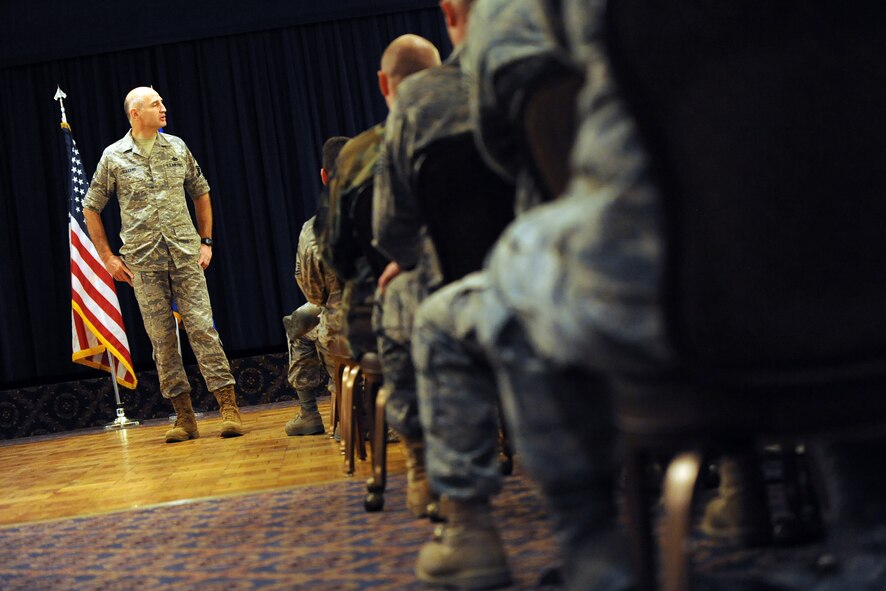 OFFUTT AIR FORCE BASE, Neb.-- ACC Command Chief Master Sgt. Stephen C. Sullens speaks to senior non-commissioned officers in the Offutt Patriot Club, Mar 19. The chief toured various facilities during a two day base tour to get better acquainted with both the mission and Airmen of the "Fighting Fifty-Fifth."
U.S. Air Force Photo by Josh Plueger
