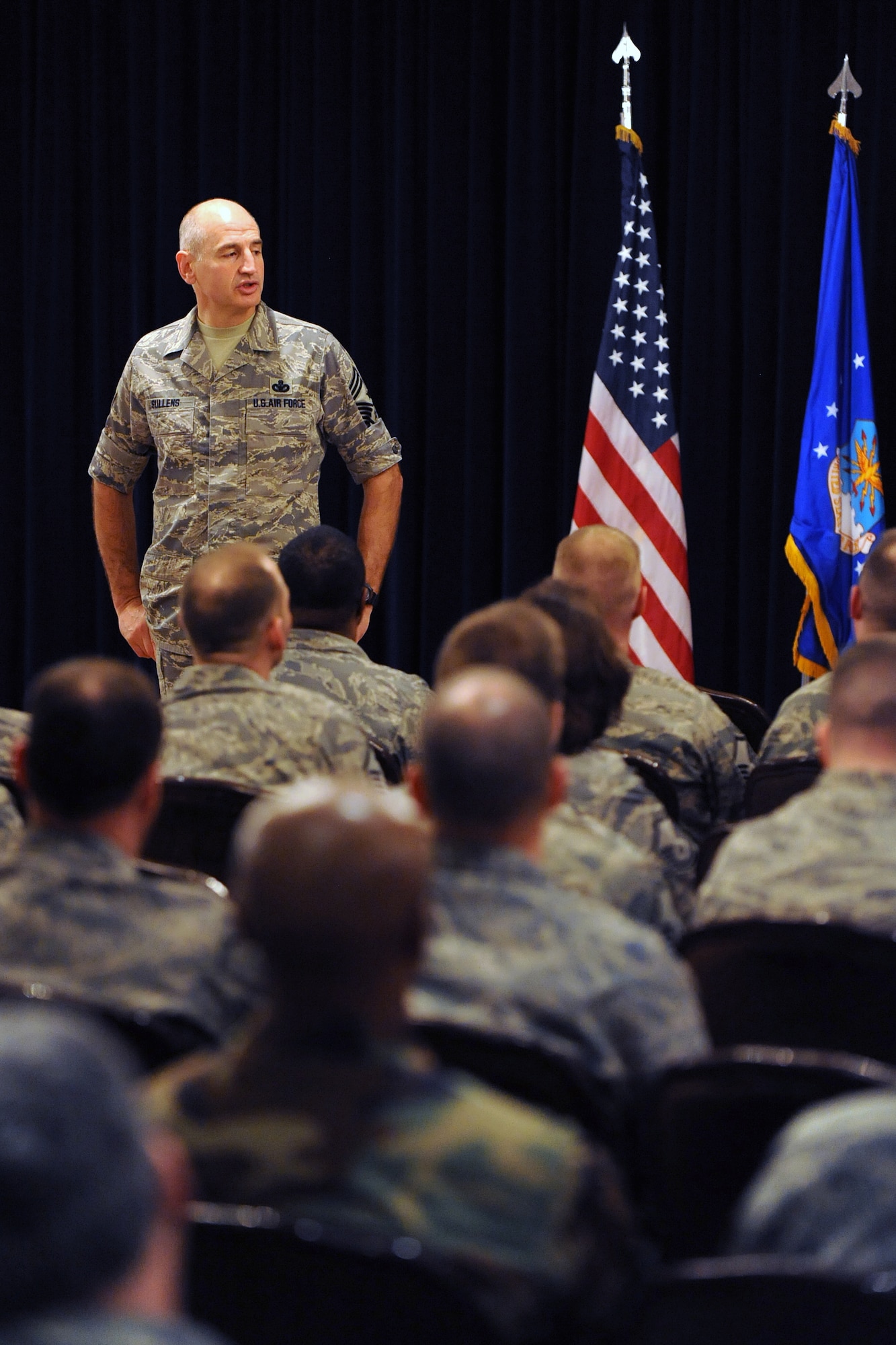 OFFUTT AIR FORCE BASE, Neb. -- ACC Command Chief Master Sgt. Stephen C. Sullens speaks to senior non-commissioned officers in the Offutt Patriot Club, Mar 19. As part of a two day base tour, the chief toured various facilities to get better acquainted with both the mission and Airmen of the "Fighting Fifty-Fifth."
U.S. Air Force Photo by Josh Plueger
