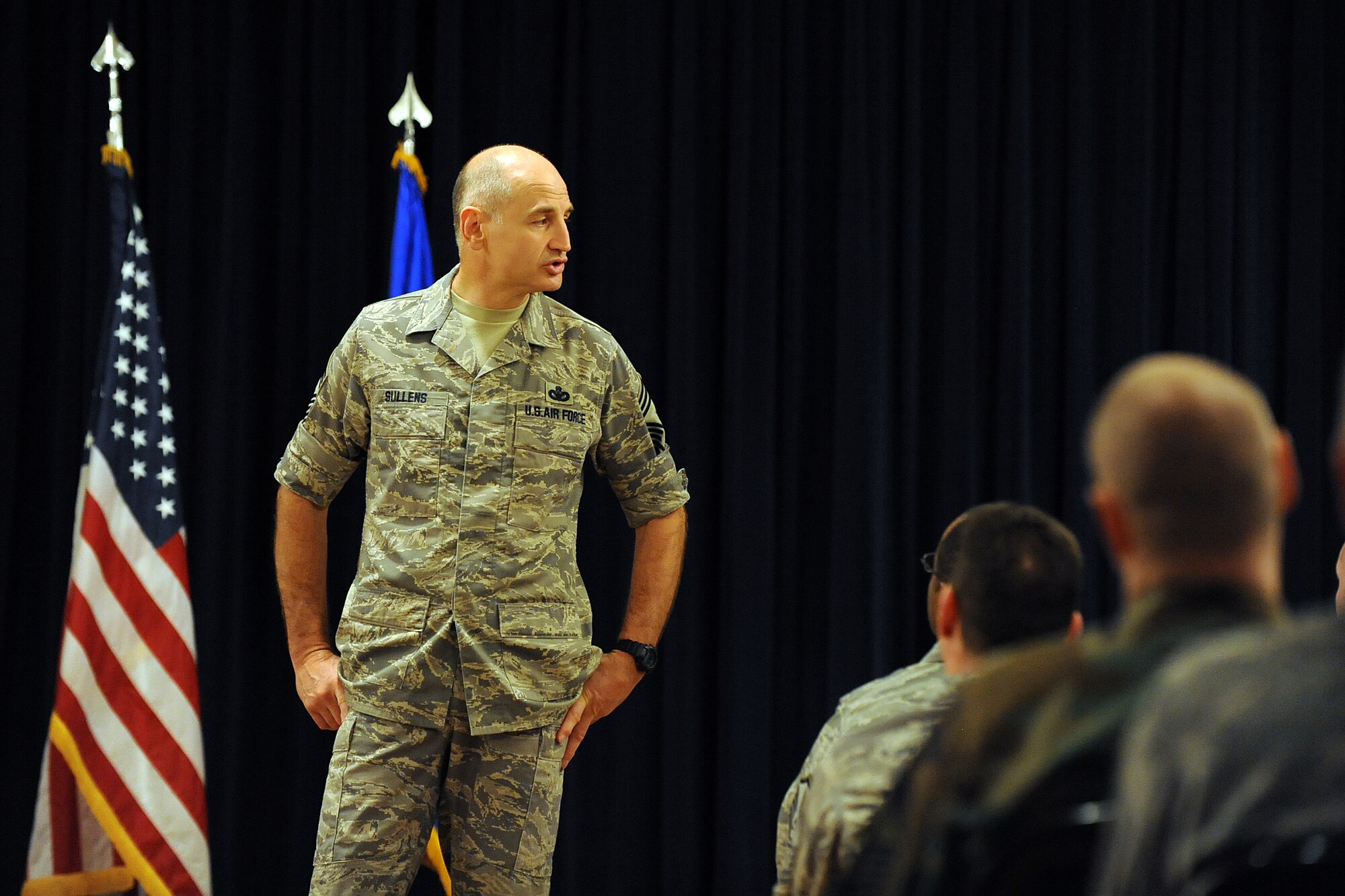 OFFUTT AIR FORCE BASE, Neb. -- ACC Command Chief Master Sgt. Stephen C. Sullens speaks to senior non-commissioned officers in the Offutt Patriot Club, Mar 19. As part of a two day visit to the base the chief toured various facilities to get better acquainted with both the mission and Airmen of the "Fighting 55th."
U.S. Air Force Photo by Josh Plueger
