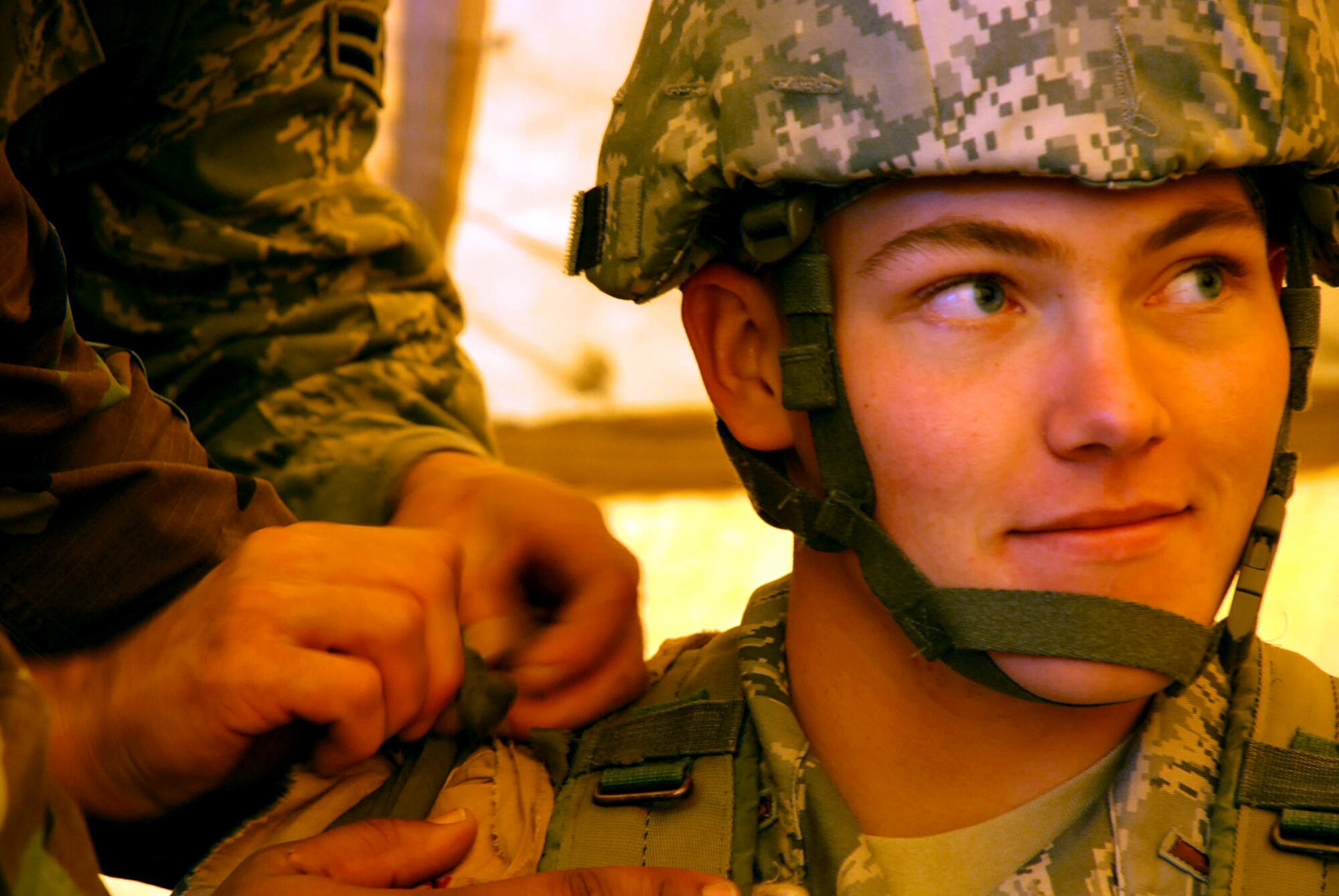 LAUGHLIN AIR FORCE BASE, Texas –Second Lt. Brian Page, 47th Operations Group, receives simulated medical attention during the Ability To Survive and Operate exercise inside the ATSO medical tent here March 18. The ATSO exercise consisted of more than 50 Laughlin Airmen working together to sharpen their war-fighting skills by completing different scenarios they could possibly face in a deployed location. (U.S. Air Force photo by Airman 1st Class Sara Csurilla)
