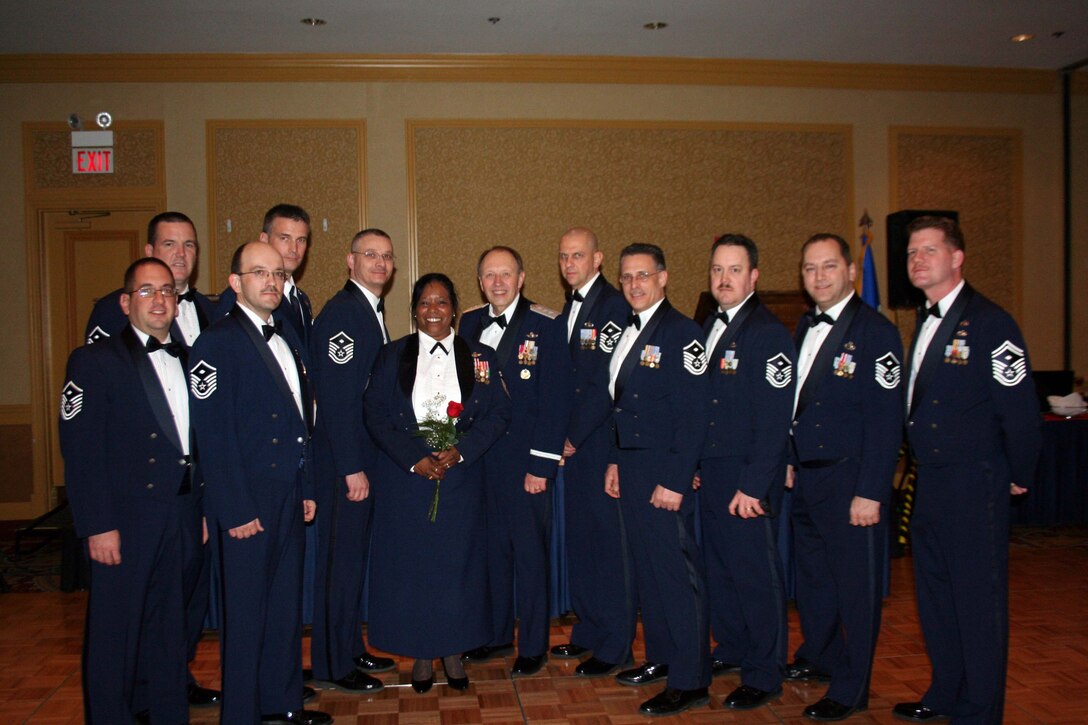 The 911th Airlift Wing First Sergeants host the Annual Awards Banquet, March 7, 2009.  Pictured at center with the First Sergeants is distinguished visitor and guest speaker for the event, Lt. Gen. Charles E. Stenner Jr., Chief of Air Force Reserve, Headquarters U.S. Air Force, Washington, D.C., and Commander, Air Force Reserve Command, Robins Air Force Base, Ga (U.S Air Force Photo by Tech Sgt Ian Carrier.)