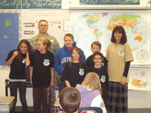RUNNEMEDE, N.J. -- Chief Master Sgt. Mike Davis, First Sergeant for the 477th Fighter Group, stands will a 5th grade class from the Mary E. Volz Elementary School in Runnemede, N.J. February 23. (Courtesy Photo)
