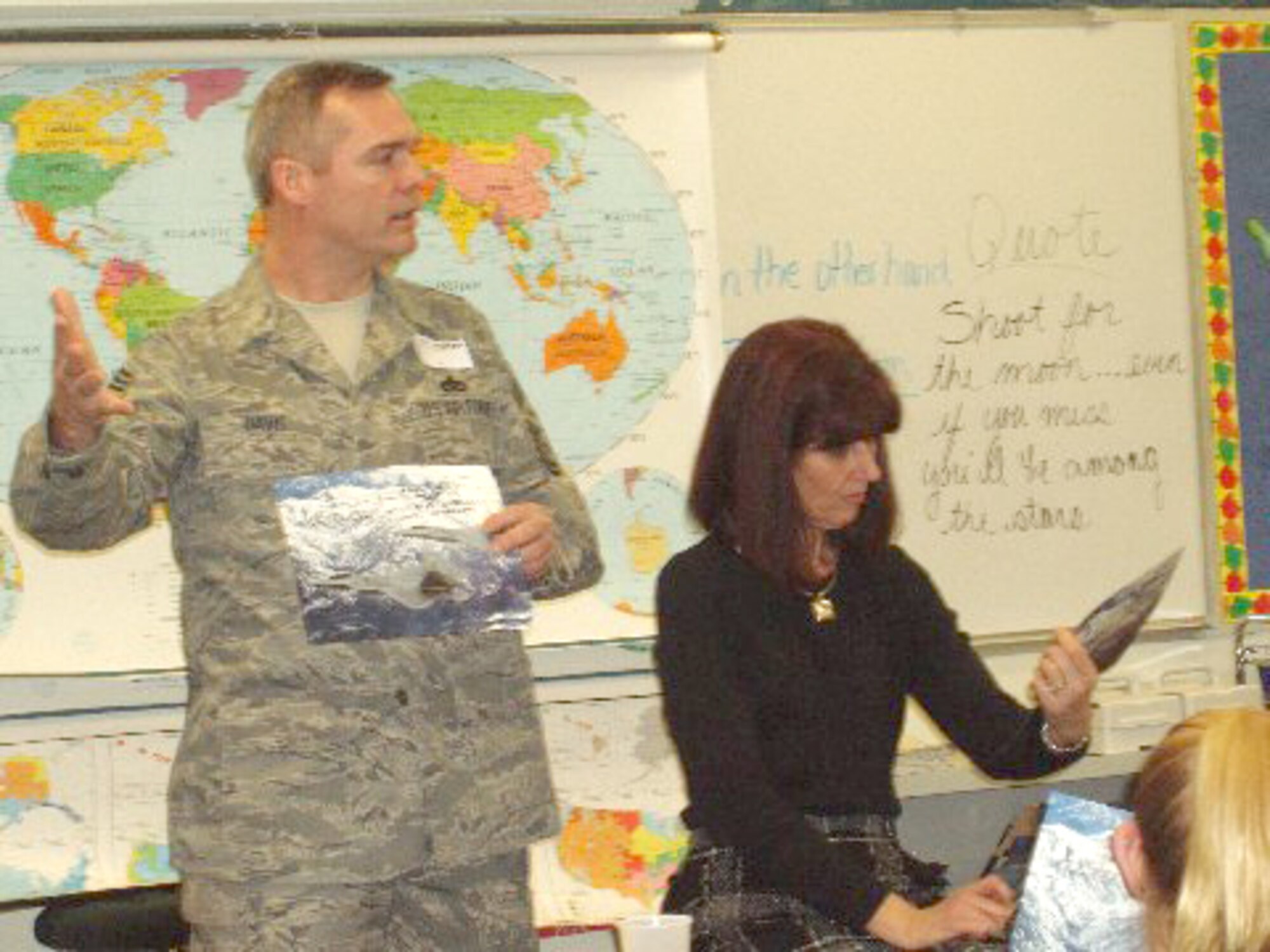 RUNNEMEDE, N.J. -- Chief Master Sgt. Mike Davis, First Sergeant for the 477th Fighter Group, speaks to a 5th grade class from the Mary E. Volz Elementary School in Runnemede, N.J. February 23. (Courtesy Photo)