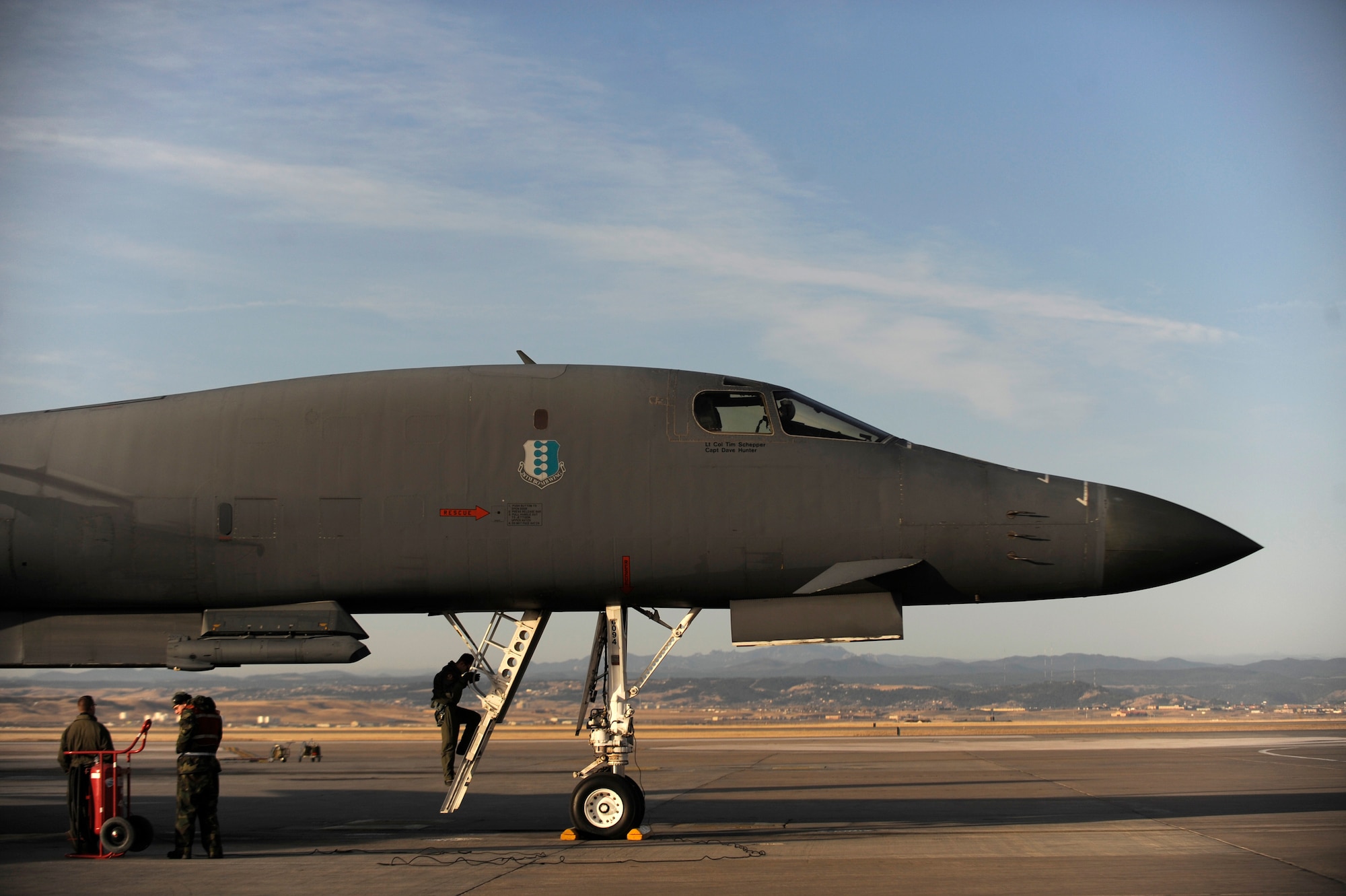 A Sniper Advance targeting pod is attached to the B1-B Lancer at Ellsworth Air Force Base, S.D., March 17. The sniper pod provides a clearer picture for a targeting area. (U.S. Air Force photo/Staff Sgt. Desiree N. Palacios)