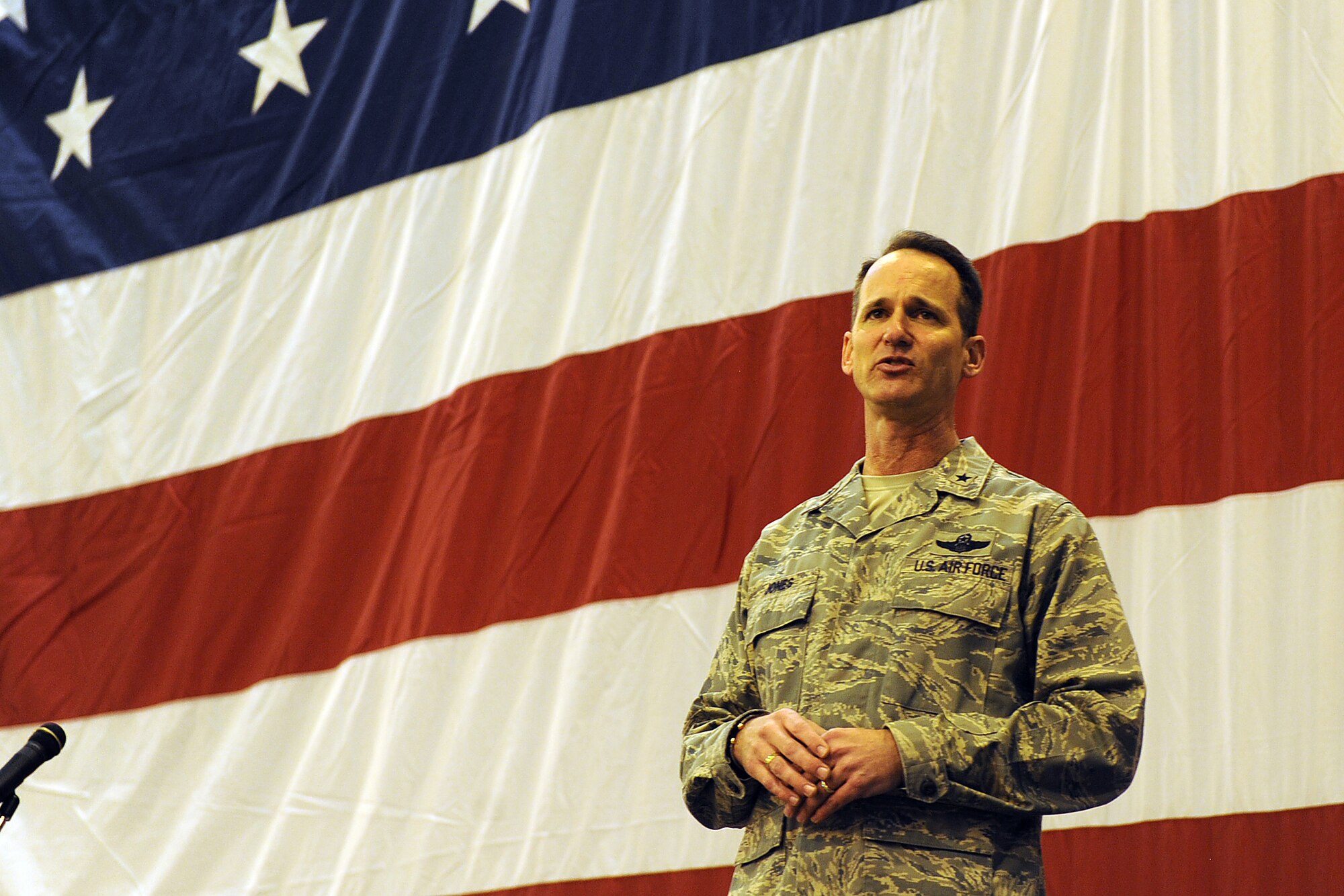 OFFUTT AIR FORCE BASE, Neb. -- Brig. Gen. James J. Jones, 55th Wing commander, gives closing remarks at the 2009 Maintenance Professional of the Year awards, held in Dock One of the Bennie Davies Maintenance Facility, Mar 13.  General Jones along with Col. Terry A. Parsons, 55th Maintenance Group commander, honored 36 airman and civilians for their outstanding contributions to the mission of the 55th MXG.

U.S. Air Force Photo by Josh Plueger
