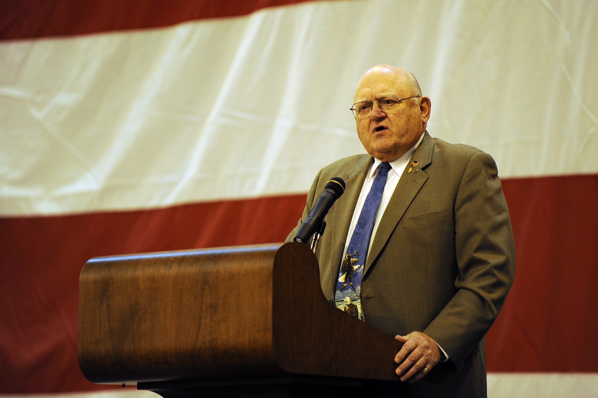 OFFUTT AIR FORCE BASE, Neb. -- Retired Col. Albert T. "Tom" Vitamvas, Jr., speaks at the 2009 Maintenance Professional of the Year awards held in Dock One of the Bennie Davies Maintenance Facility, Mar 13. Vitamvas, a Nebraska native, was the last Director of Aircraft Maintenance for Strategic Air Command.

U.S. Air Force Photo by Josh Plueger
