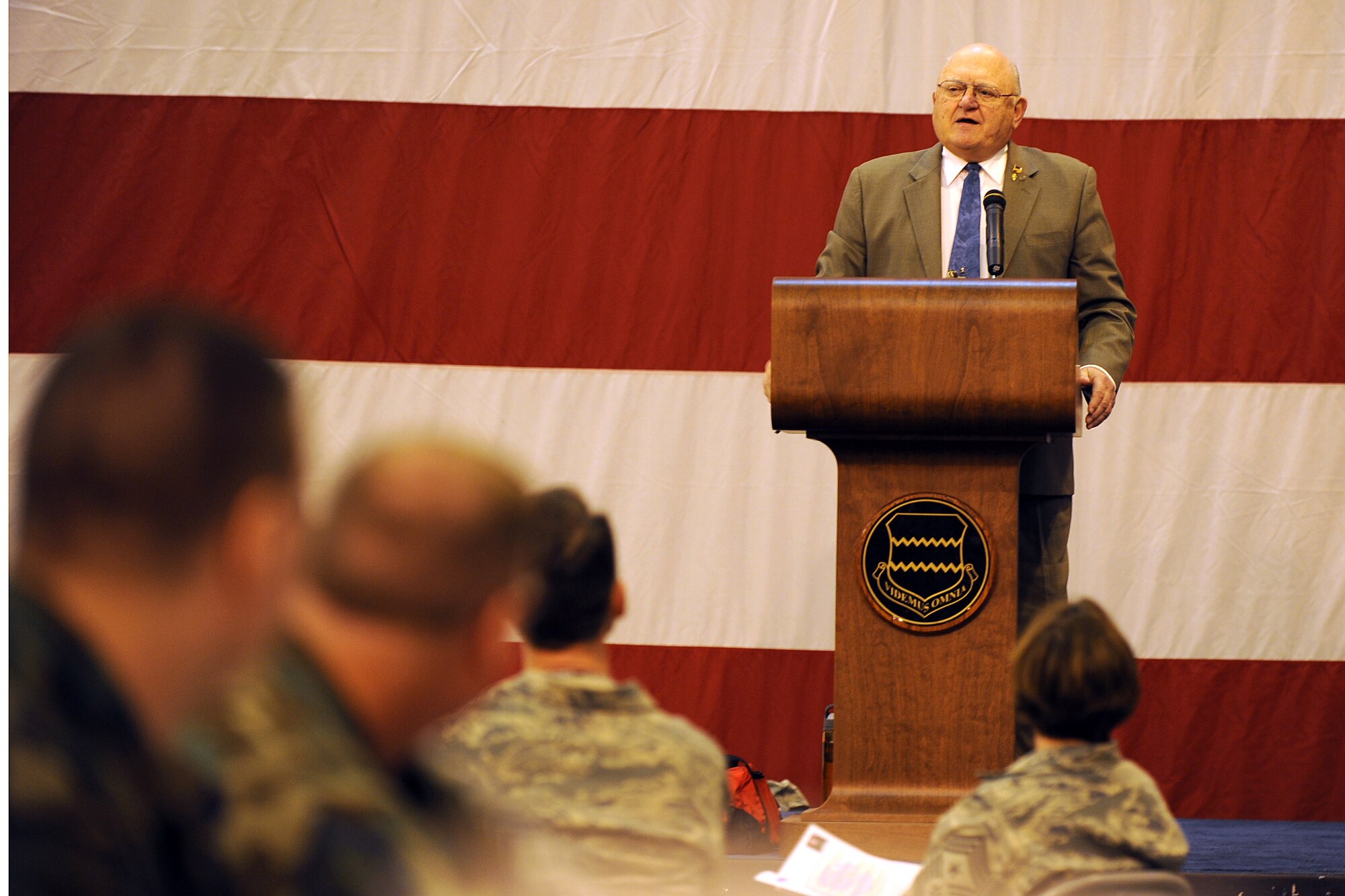 OFFUTT AIR FORCE BASE, Neb. -- Retired Col. Albert T. "Tom" Vitamvas, Jr., speaks at the 2009 Maintenance Professional of the Year awards held in Dock One of the Bennie Davies Maintenance Facility, Mar 13. Vitamvas, a Nebraska native, was the last Director of Aircraft Maintenance for Strategic Air Command.

U.S. Air Force Photo by Josh Plueger
