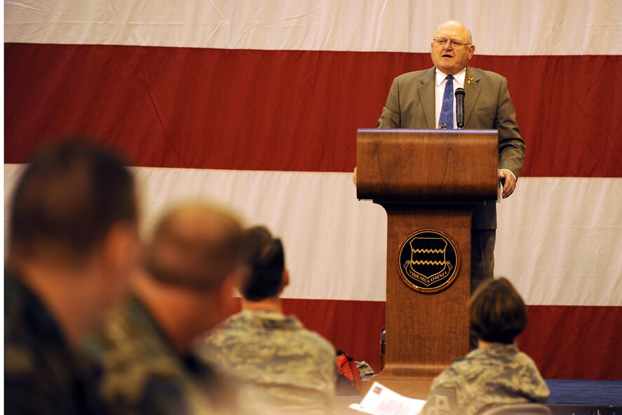 OFFUTT AIR FORCE BASE, Neb. -- Retired Col. Albert T. "Tom" Vitamvas, Jr., speaks at the 2009 Maintenance Professional of the Year awards held in Dock One of the Bennie Davies Maintenance Facility, Mar 13. Vitamvas, a Nebraska native, was the last Director of Aircraft Maintenance for Strategic Air Command.

U.S. Air Force Photo by Josh Plueger
